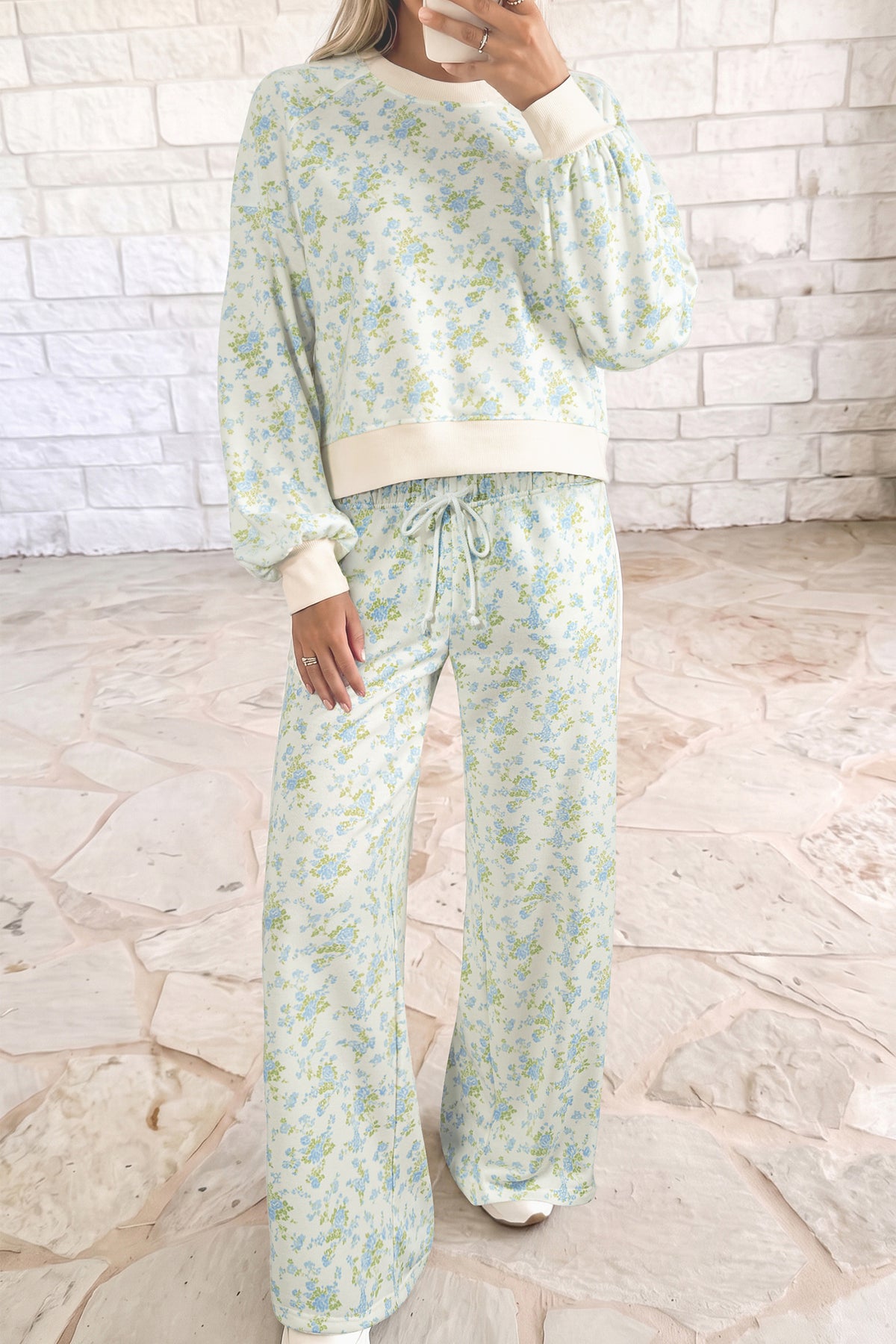 Sky Blue Floral Print Long Sleeve Top Drawstring Wide Leg Pants Set