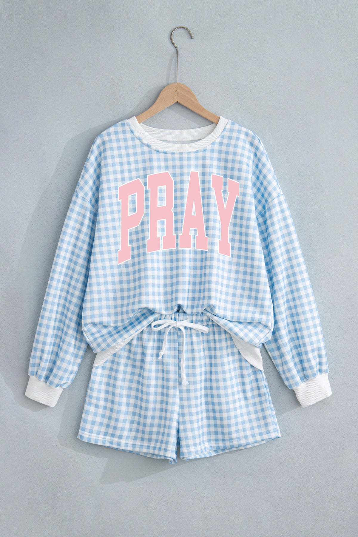Sky Blue Fashion Plaid Bold Slogan Print Baggy Pullover and Shorts Set
