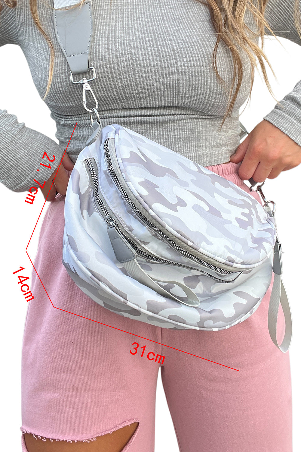Light Grey Camouflage Print Gold Chain Strap Double Zipper Crossbody Bag