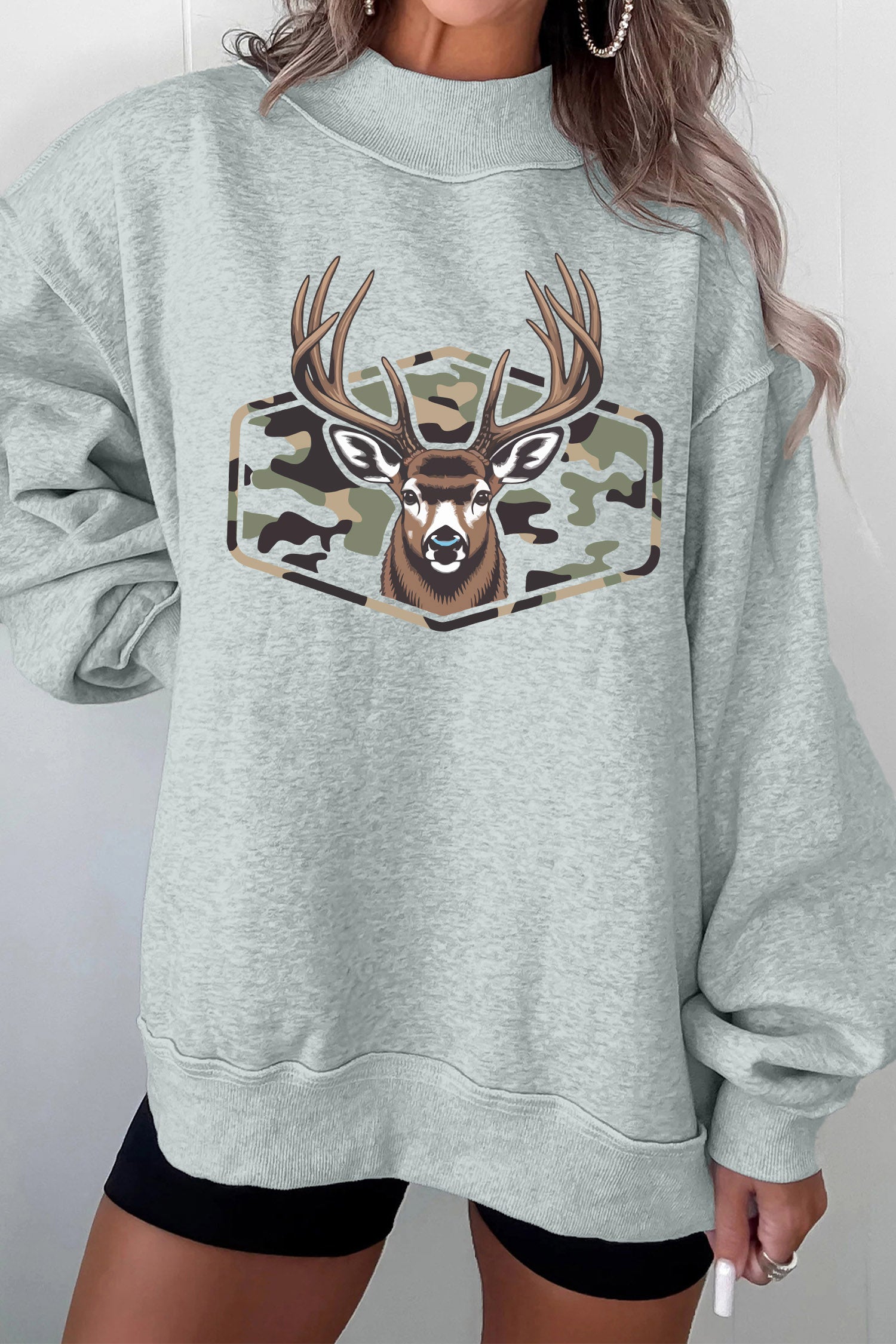 Gray Oversize Camouflage Reindeer Print Mock Neck Sweatshirt