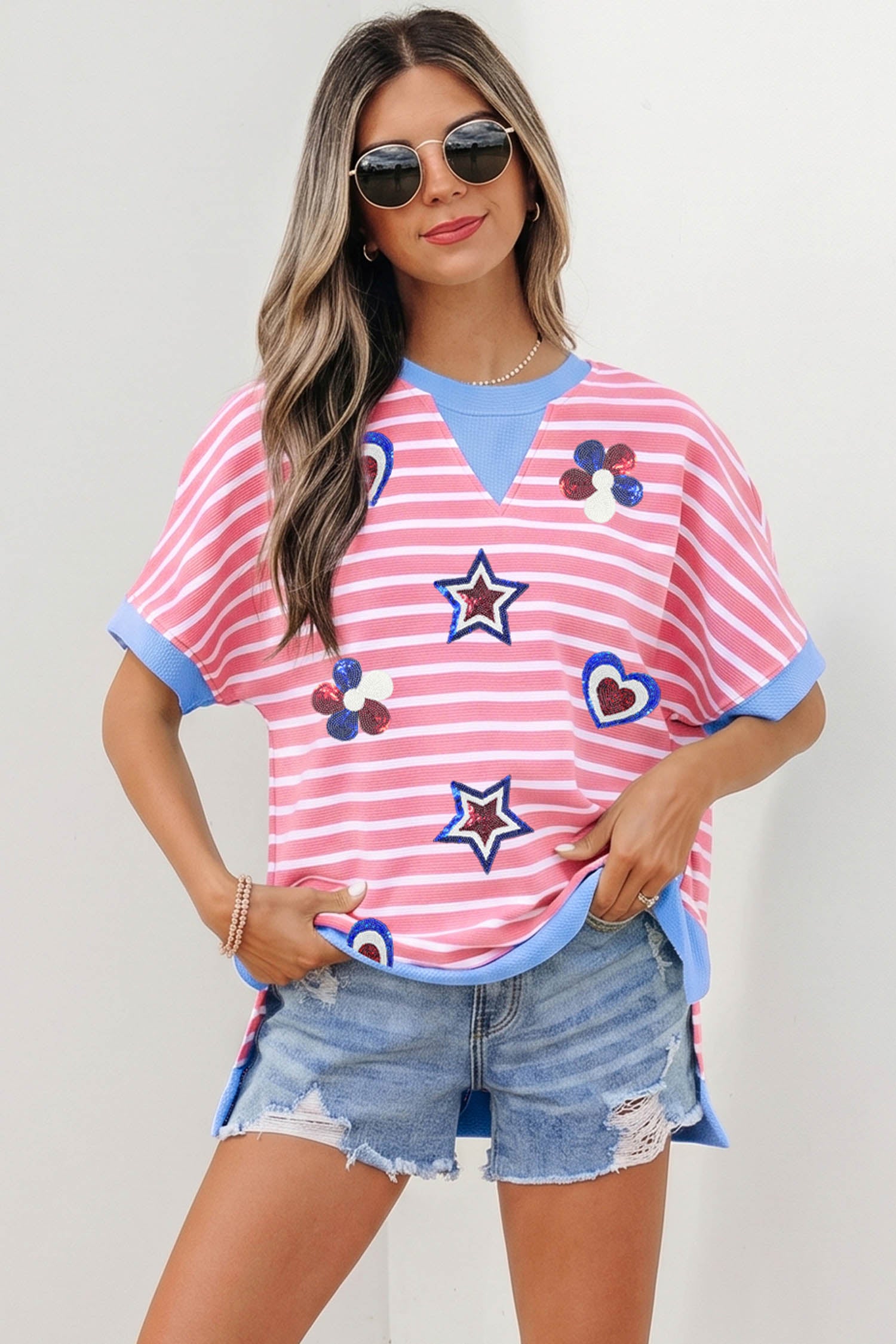 Pink Stripe Patriotic Sequin Patch Short Sleeve Loose Top