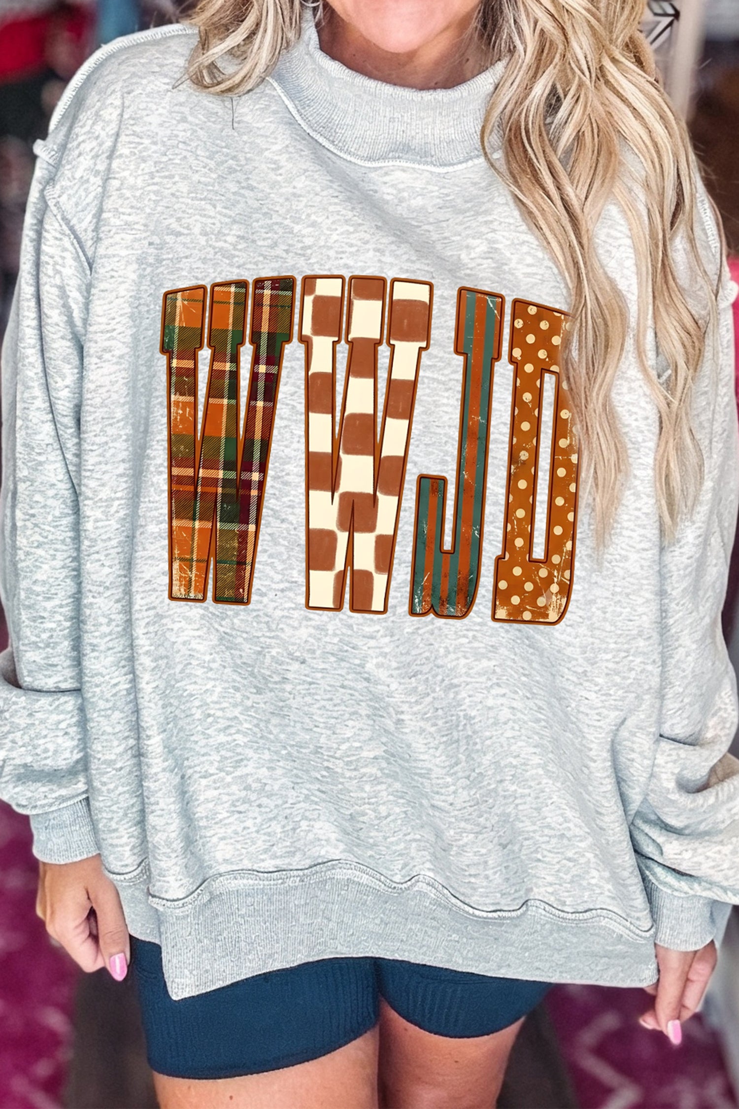 Light Grey WWJD Graphic Mock Neck Oversized Sweatshirt