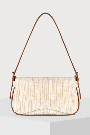 White Raffia Woven PU Leather Trim Shoulder Bag