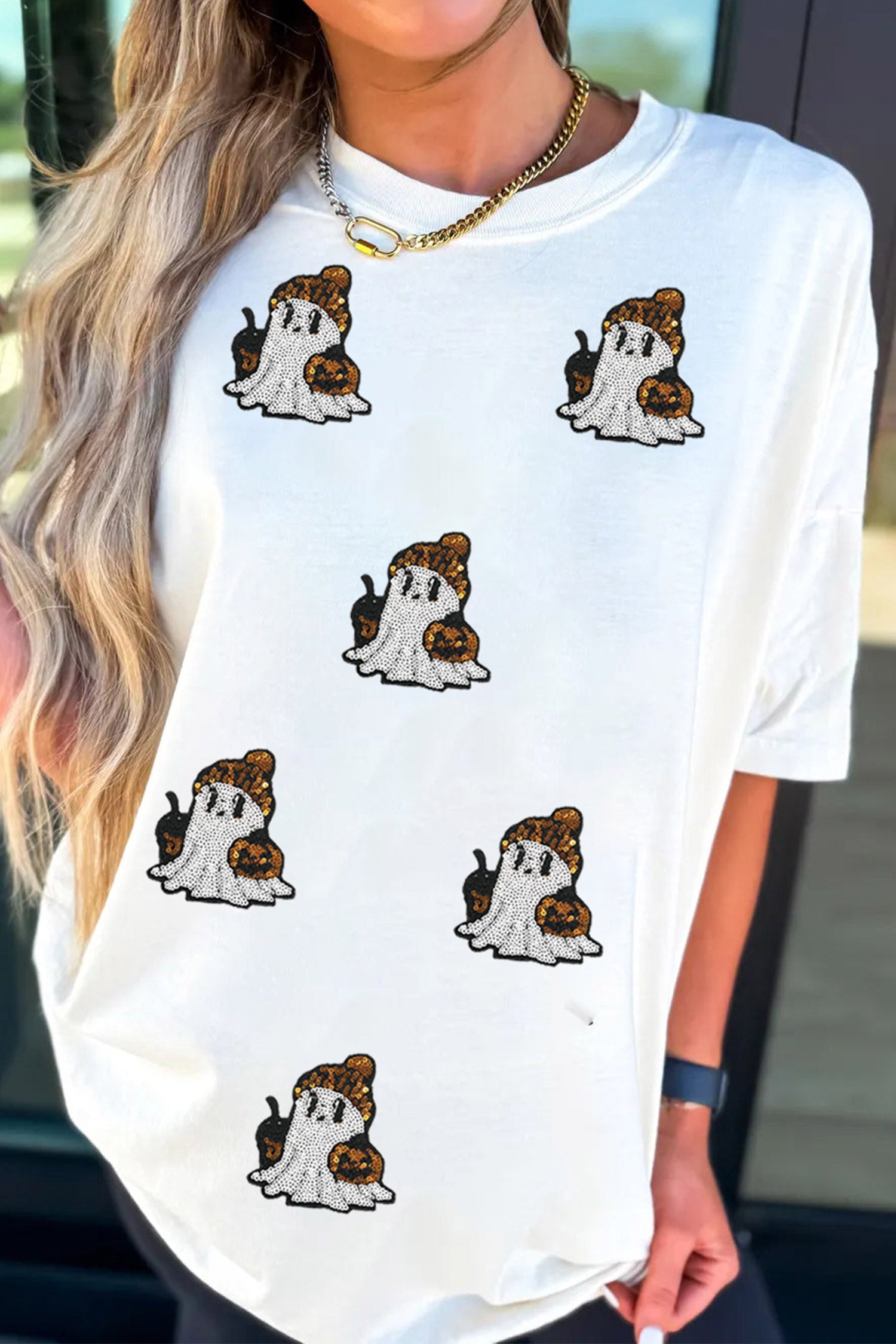 White Sequin Ghost Print Short Sleeve Casual Halloween Graphic T-Shirt