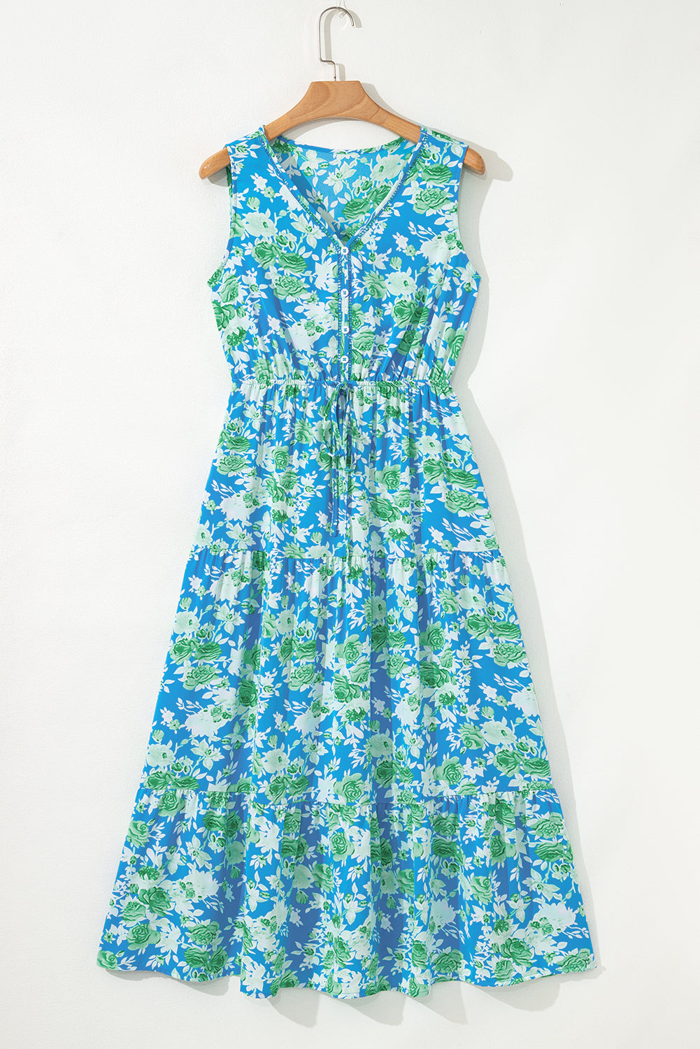 Sky Blue Floral Print Trimmed V Neck Tie Waist Sleeveless Holiday Long Dress