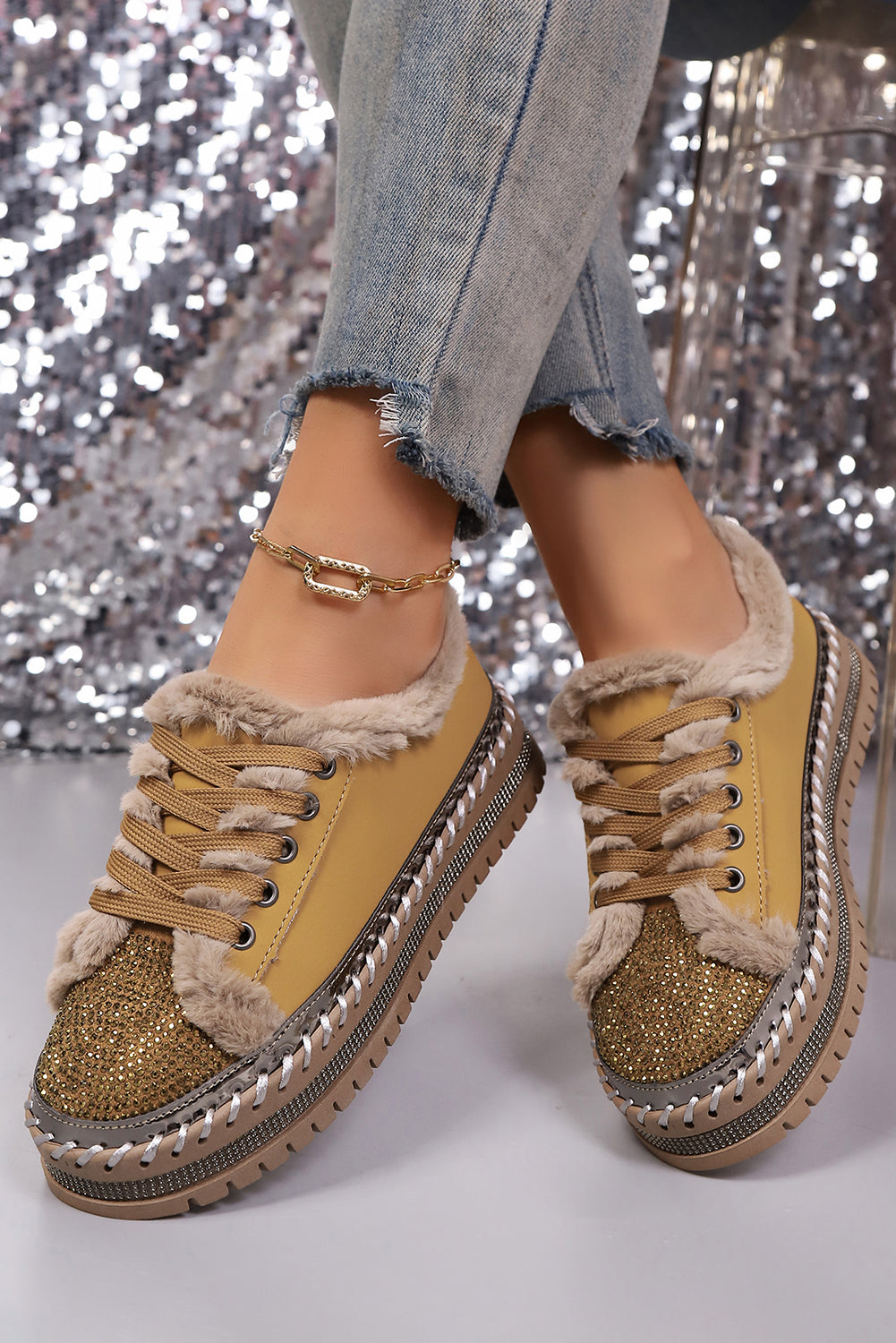 Thai Curry Rhinestone Embellished Faux Fur Lining Lace-Up Flat Shoes