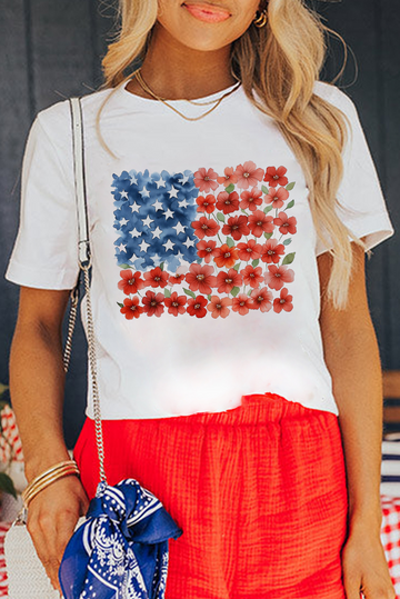 White Star Floral American Flag Printed T Shirt