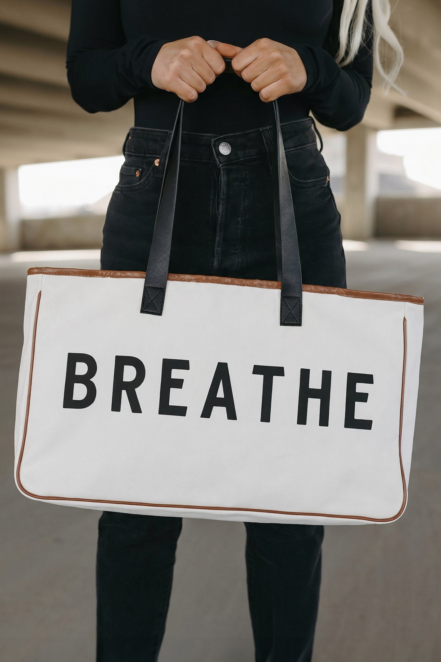 White Canvas BREATHE Print Summer Beach Tote Bag