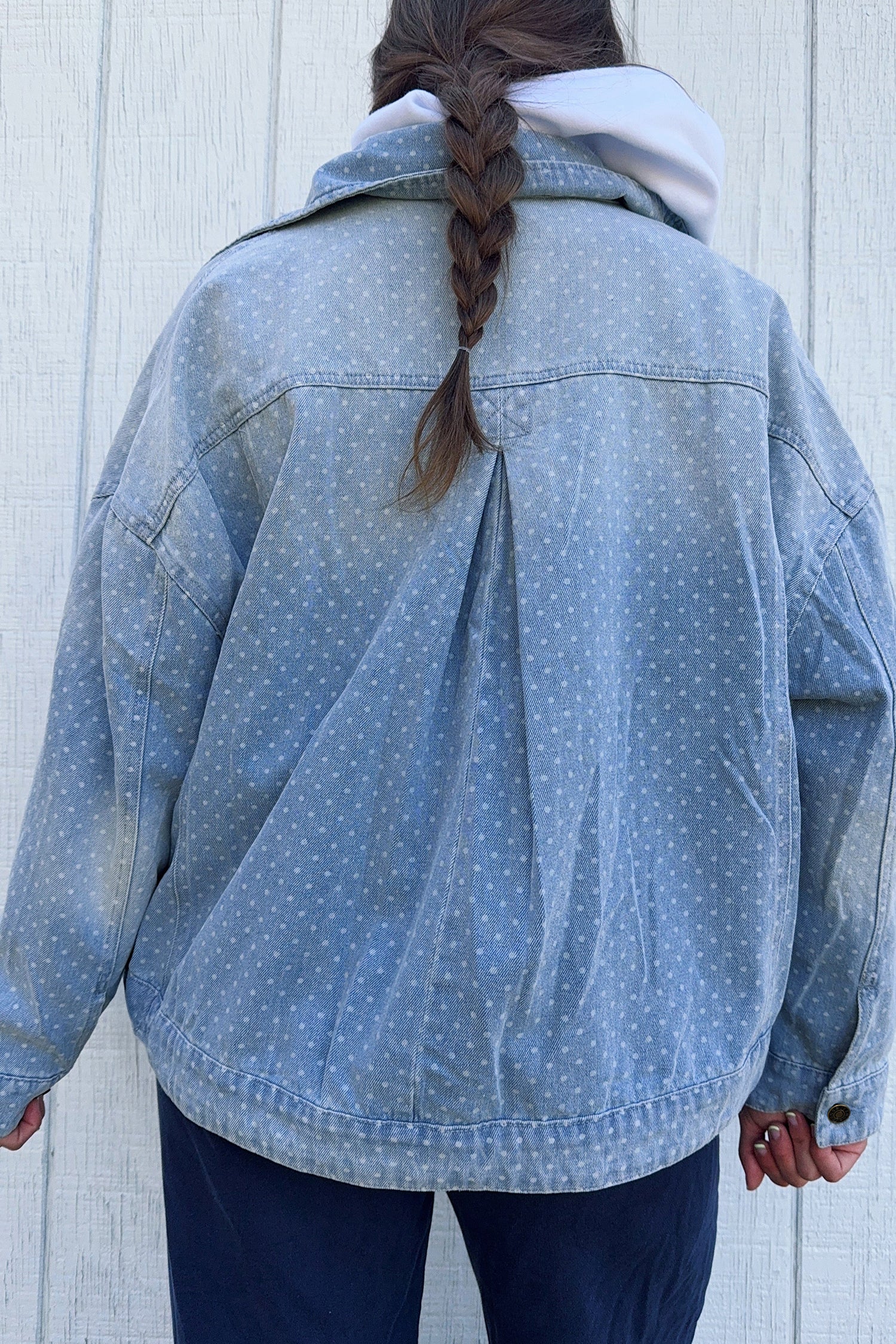 Sky Blue Polka Dot Long Sleeve Collar Pocket Casual Shift Silhouette Denim Jacket
