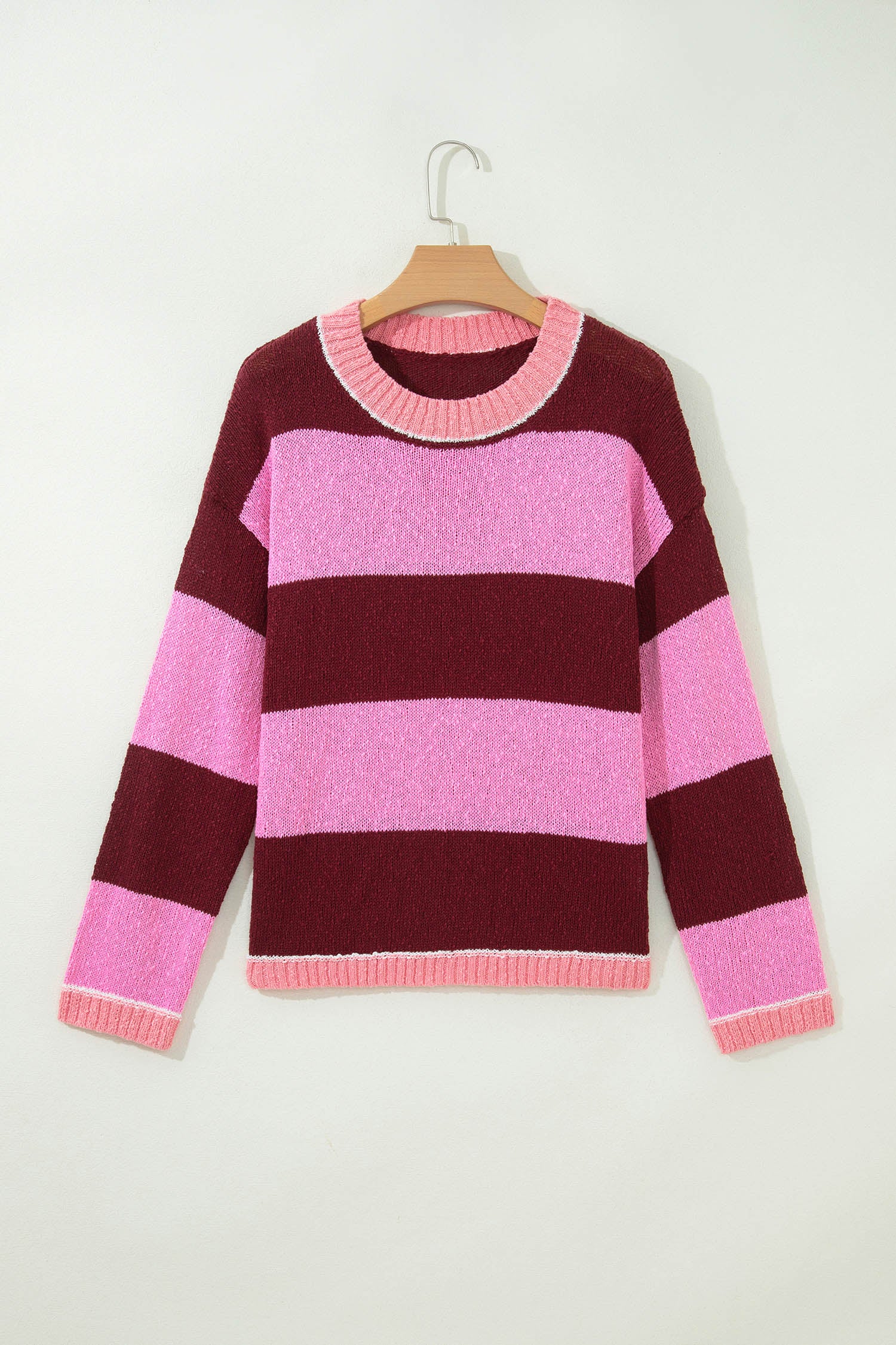 Pink Stripe Striped Drop Shoulder Long Sleeve Pullover Regular Fit Knit Sweater