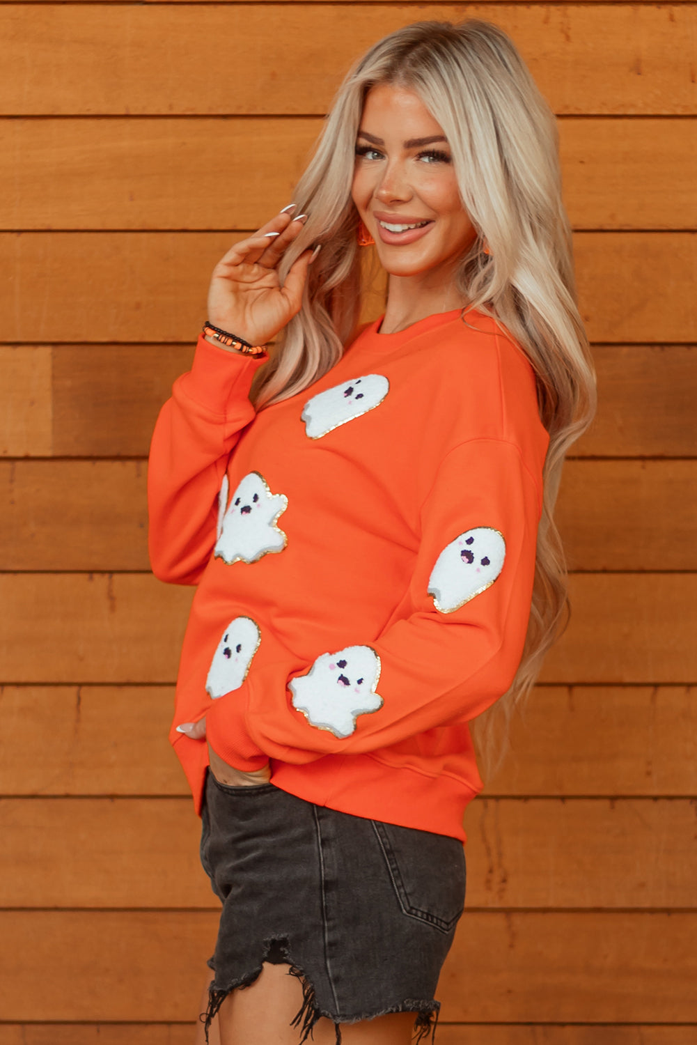 Orange Halloween Ghost Cute Patched Pattern Holiday Sweatshirt