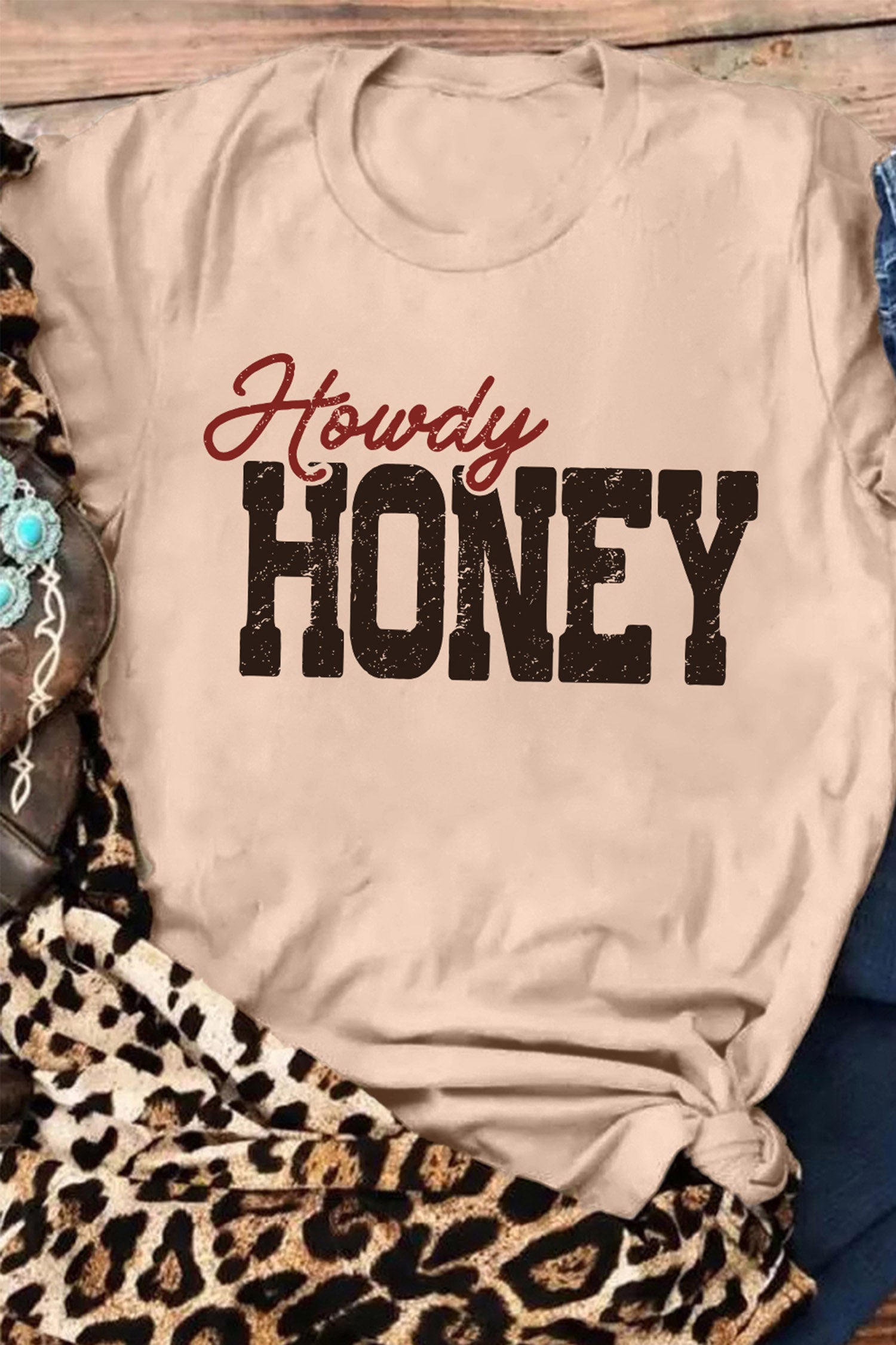 Khaki Howdy HONEY Western Print Letter Casual Graphic T-Shirt