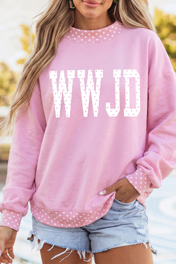 Pink Polka Dot Letter Print Mock Neck Pullover Sweatshirt
