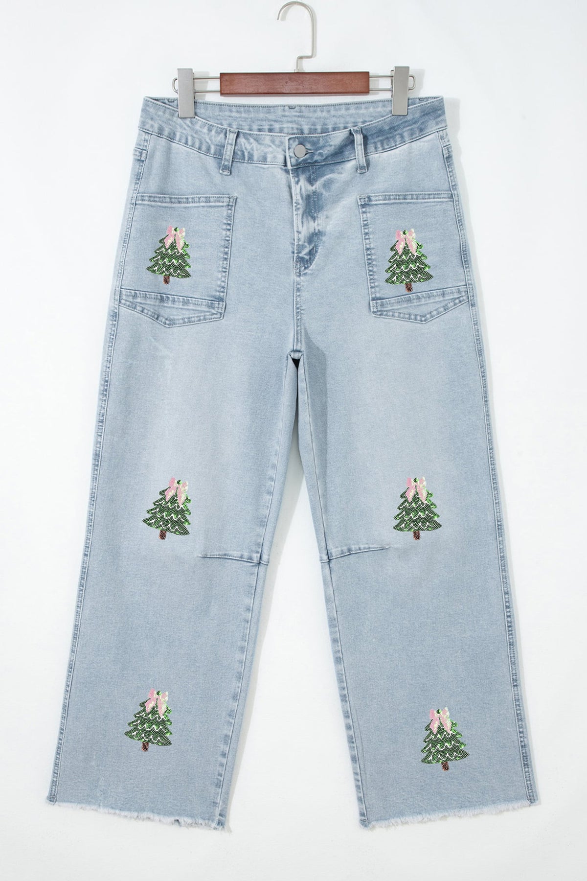Beau Blue Sequin Christmas Tree Ankle Straight Jeans with Patched Pockets