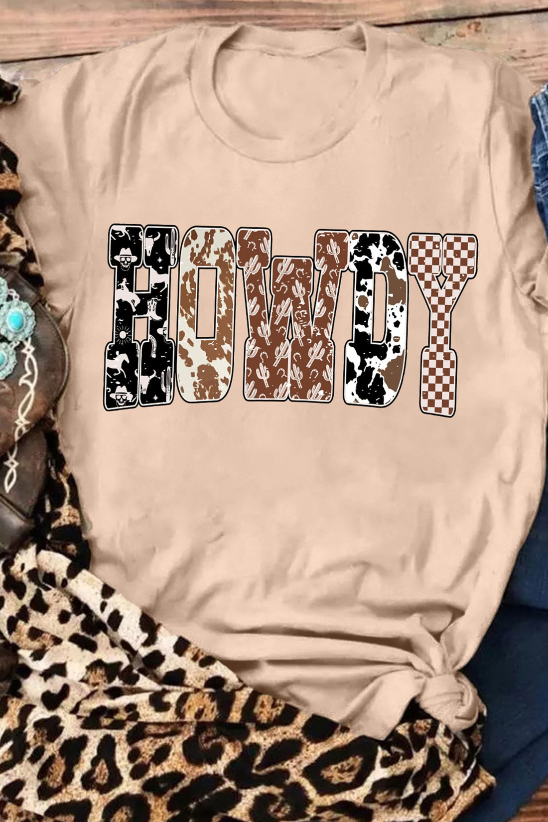 Khaki Western HOWDY Slogan Casual Graphic T-Shirt