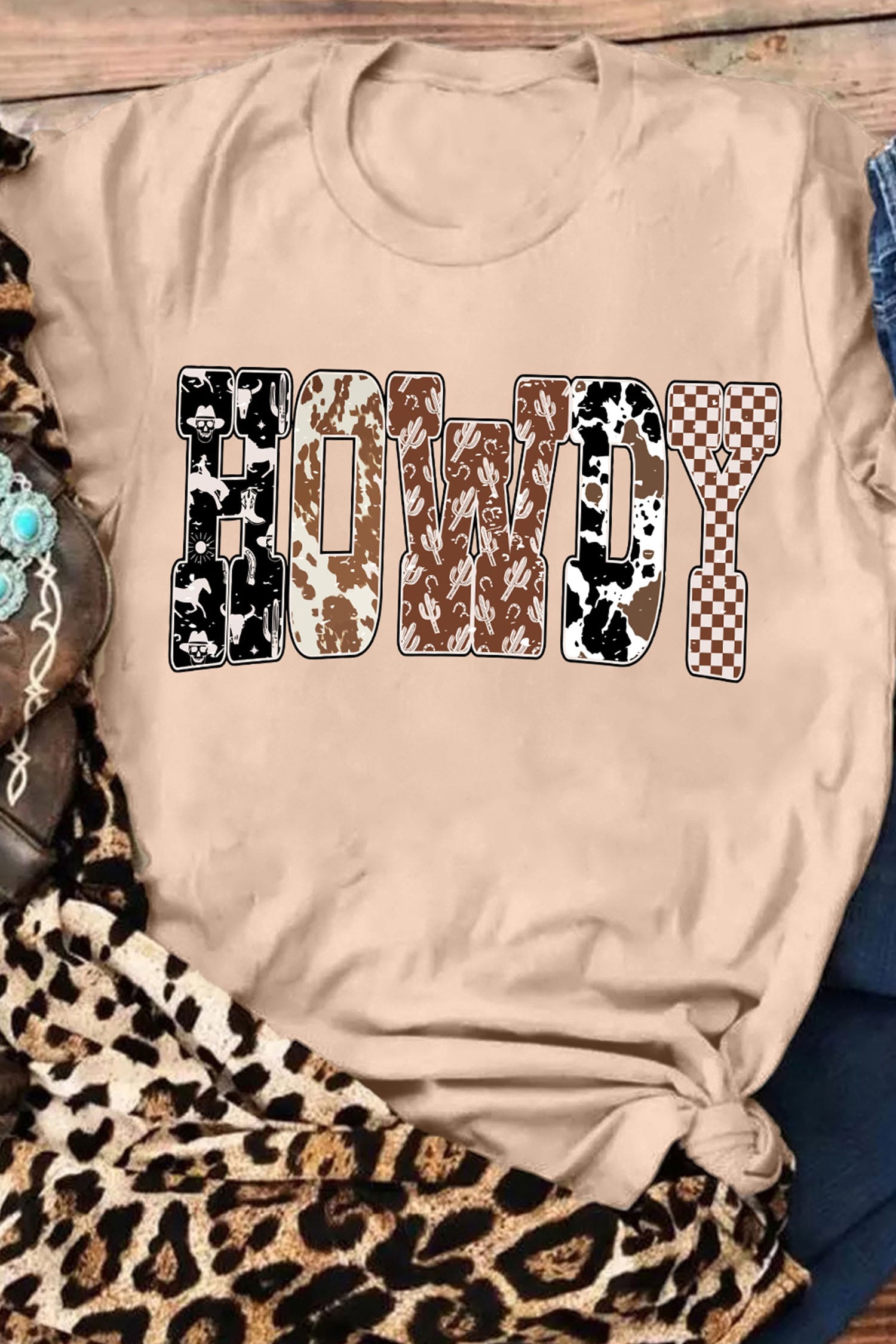 Khaki Western HOWDY Slogan Casual Graphic T-Shirt