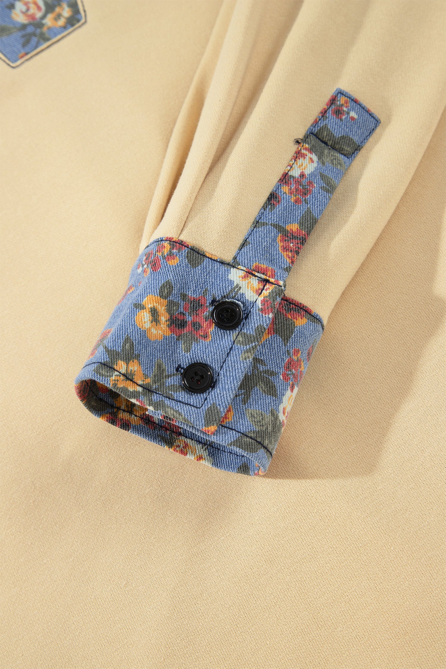 Apricot Floral Denim Patchwork Collar V Neck Long Sleeve Pullover Top