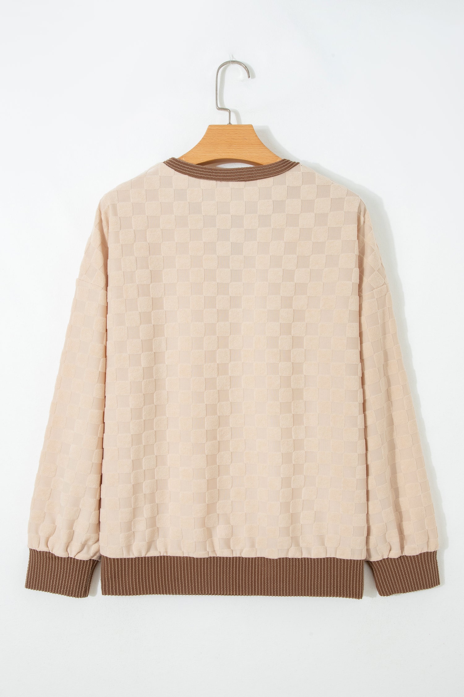 Parchment Plush Checkered Contrast Twisted Rib Long Sleeve Top