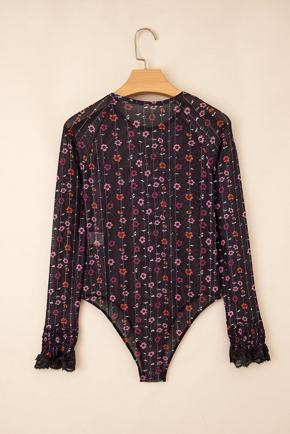 Dear Lover Black Floral Print Smocked Cuff Slim Fit Mesh Bodysuit