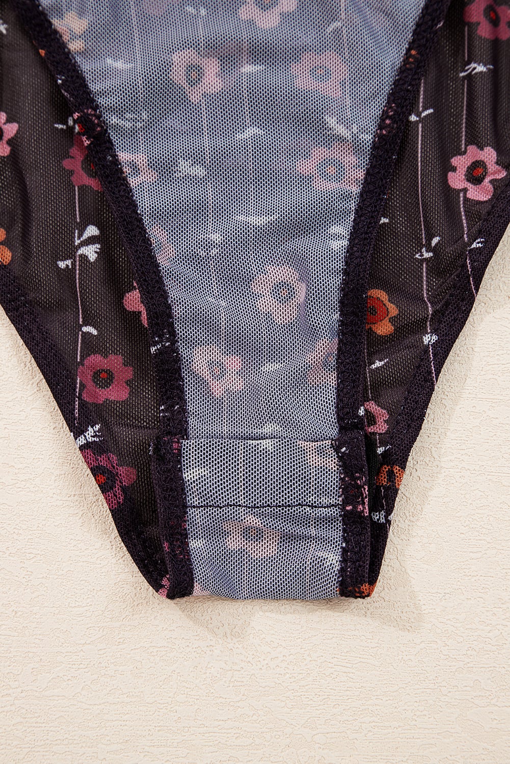 Dear Lover Black Floral Print Smocked Cuff Slim Fit Mesh Bodysuit