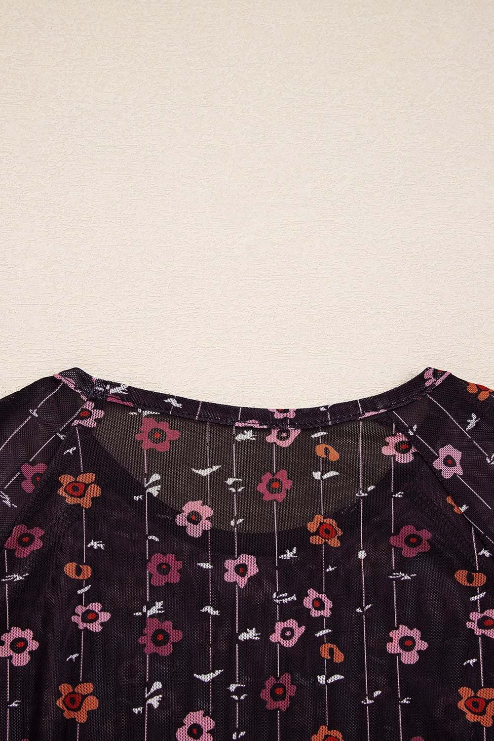 Dear Lover Black Floral Print Smocked Cuff Slim Fit Mesh Bodysuit