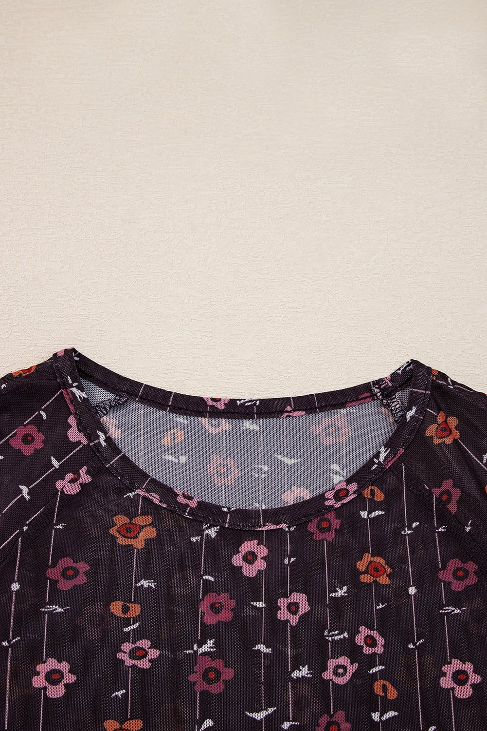Dear Lover Black Floral Print Smocked Cuff Slim Fit Mesh Bodysuit