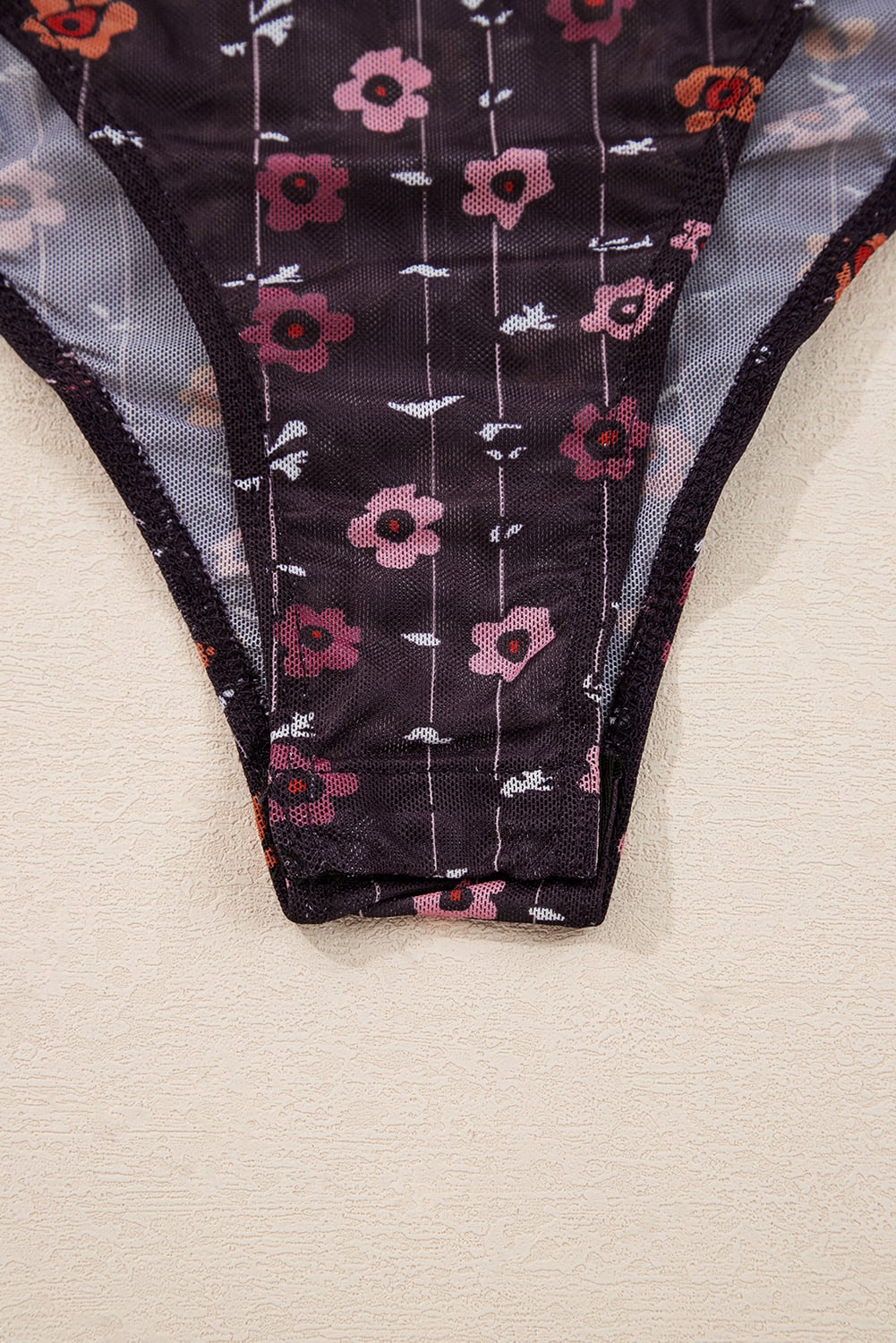 Dear Lover Black Floral Print Smocked Cuff Slim Fit Mesh Bodysuit