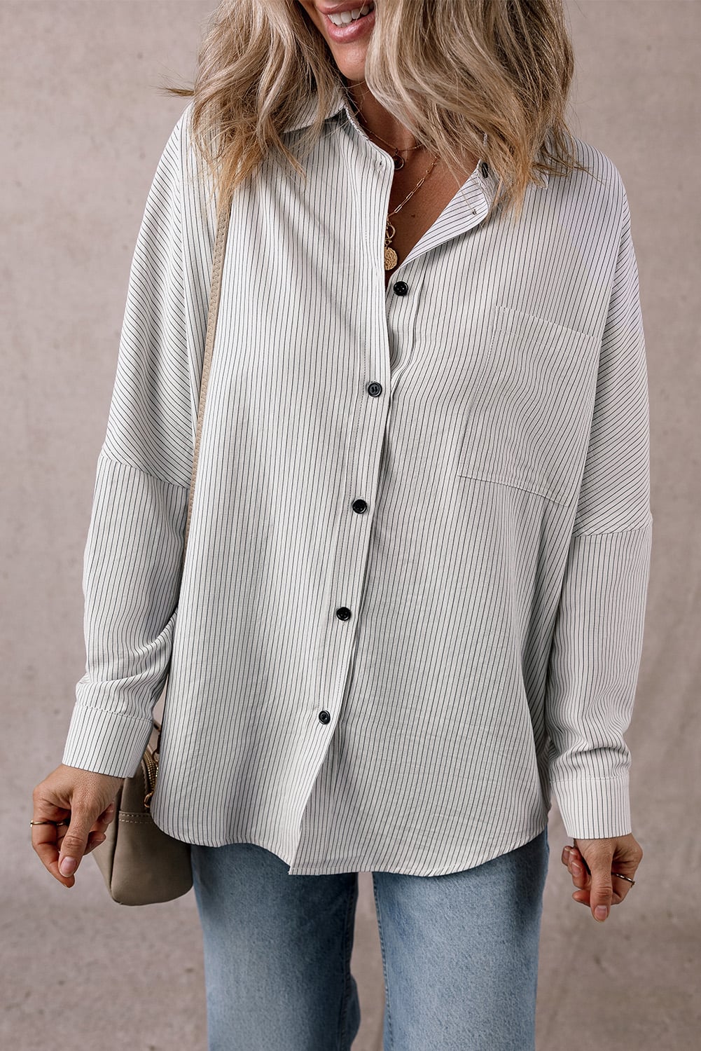 DEAR-LOVER Stripe Roll-tab Sleeve Pocketed Long Shirt