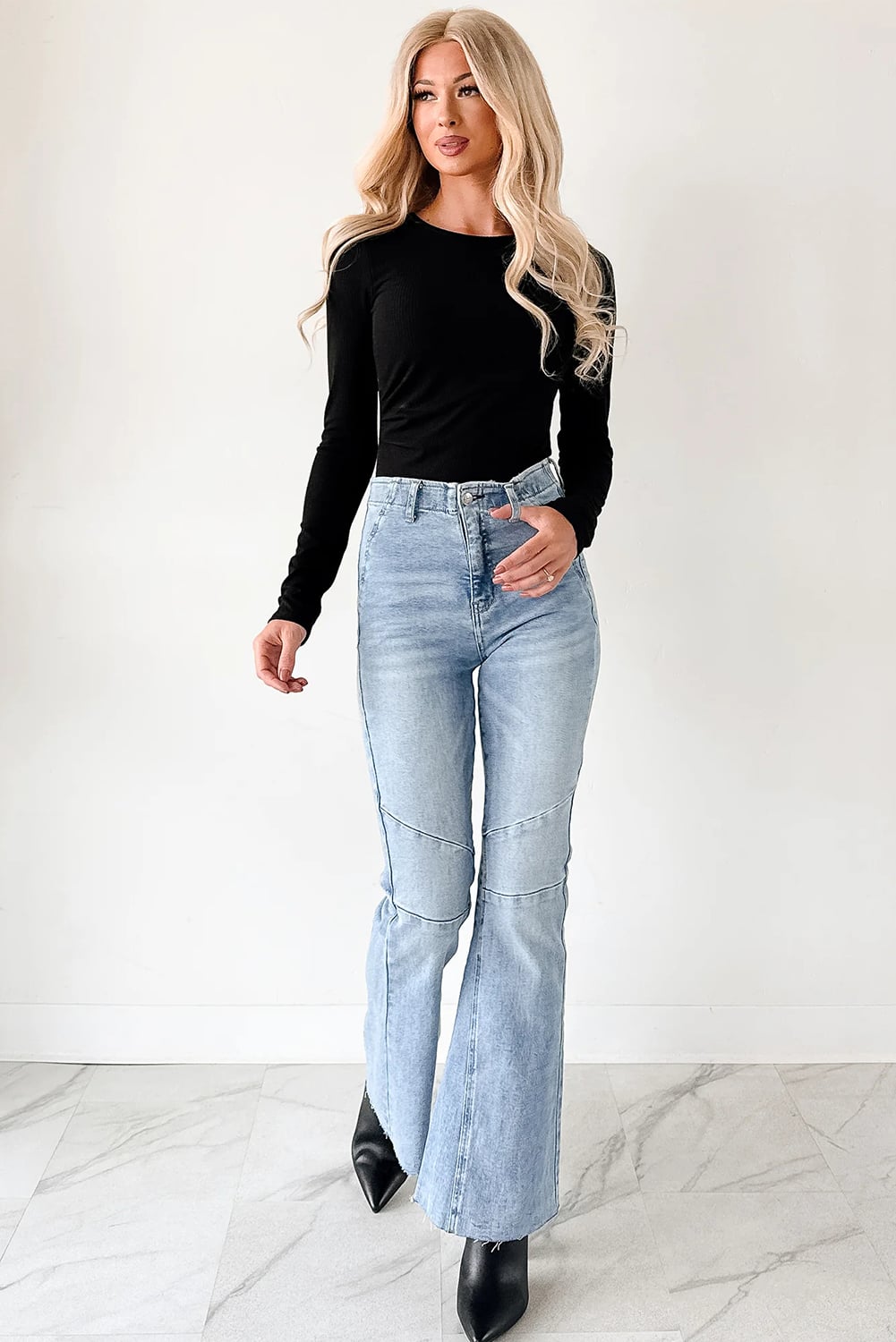 Dearlovers Black Ribbed Long Sleeve Crew Neck Solid Color Bodysuit