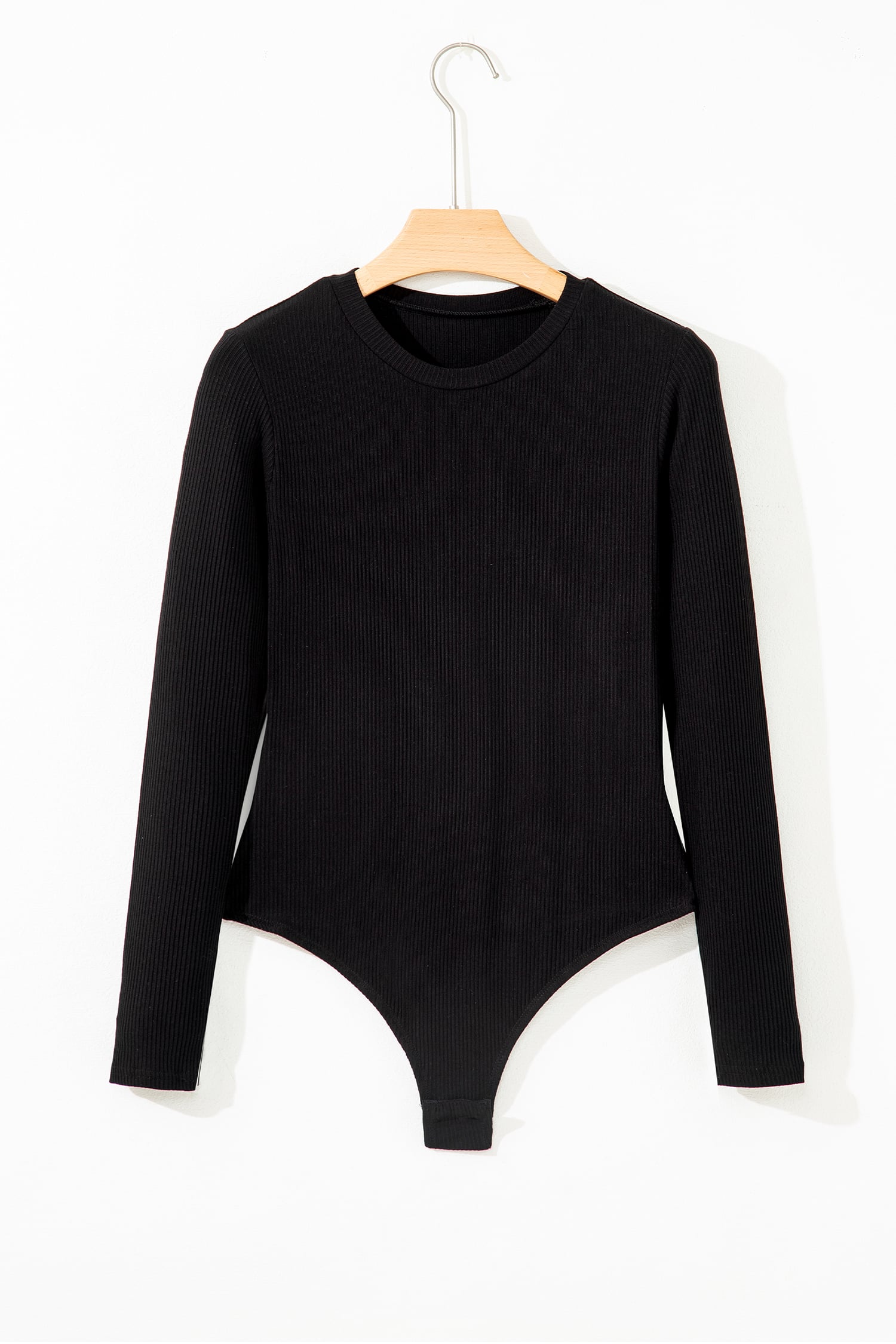 Dearlovers Black Ribbed Long Sleeve Crew Neck Solid Color Bodysuit