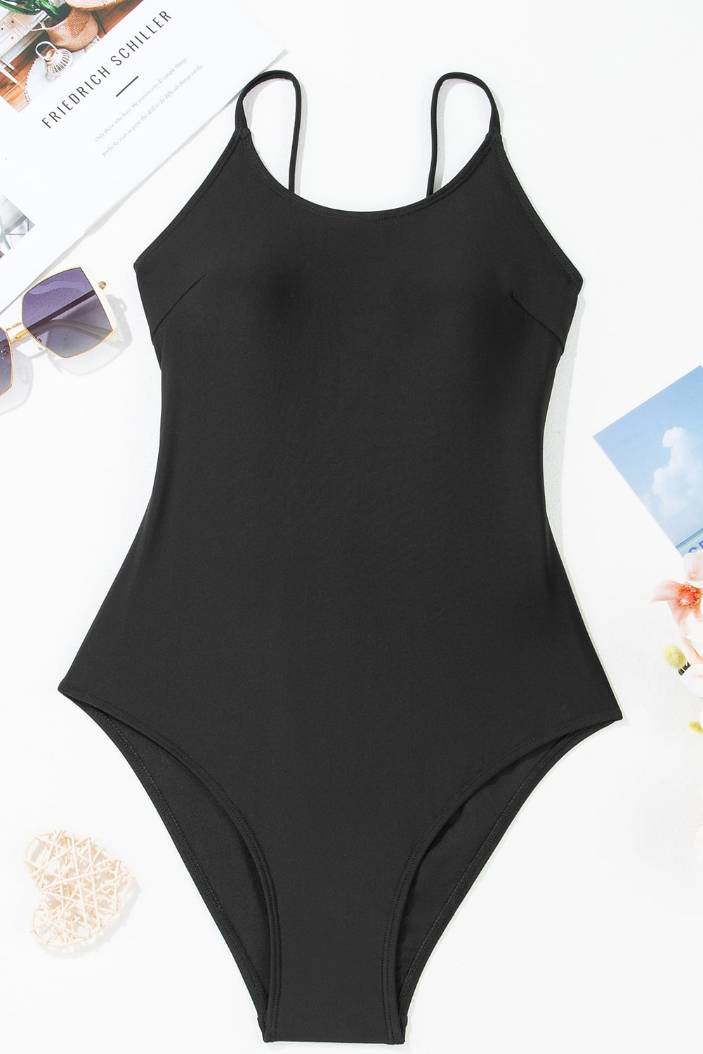 Dearlove Black Thin Strap Strappy Lace-up Open Back One Piece Swimsuit
