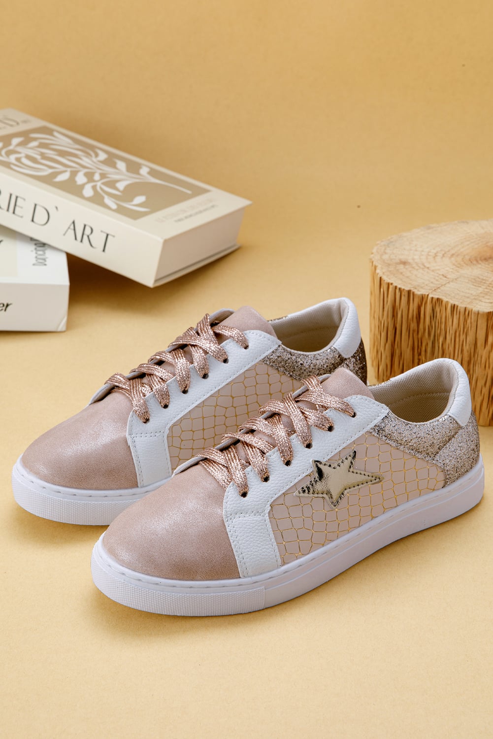 Dearlove Gold Glitter Star Patchwork PU Leather Lace-up Sneakers