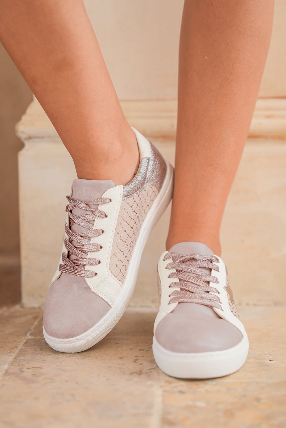 Dearlove Gold Glitter Star Patchwork PU Leather Lace-up Sneakers