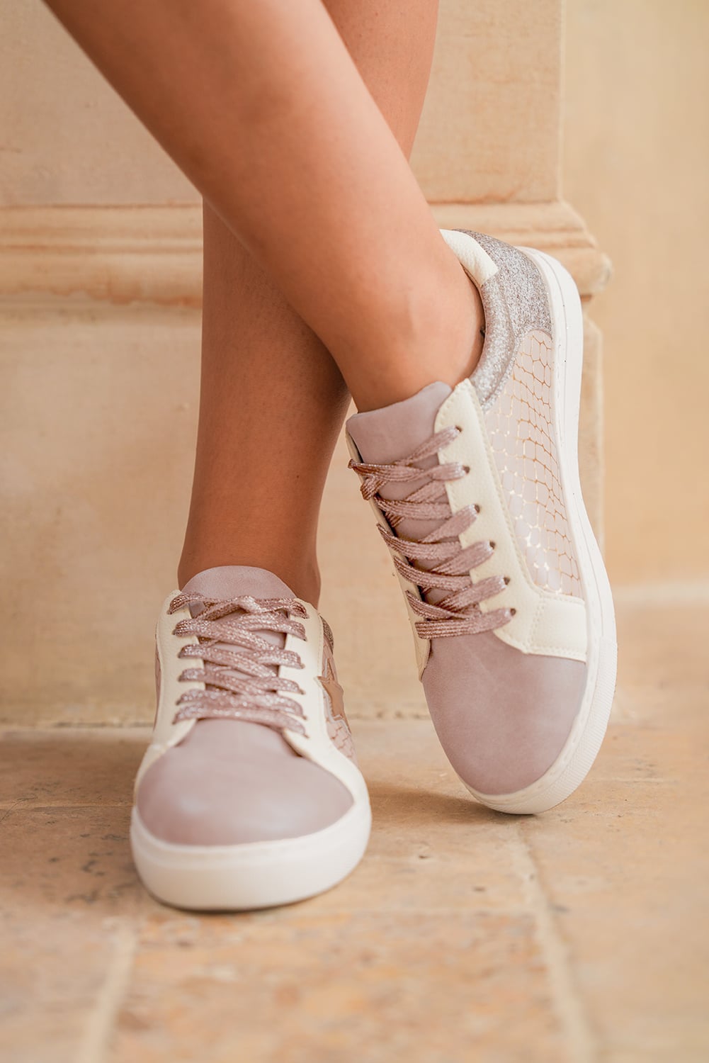 Dearlove Gold Glitter Star Patchwork PU Leather Lace-up Sneakers