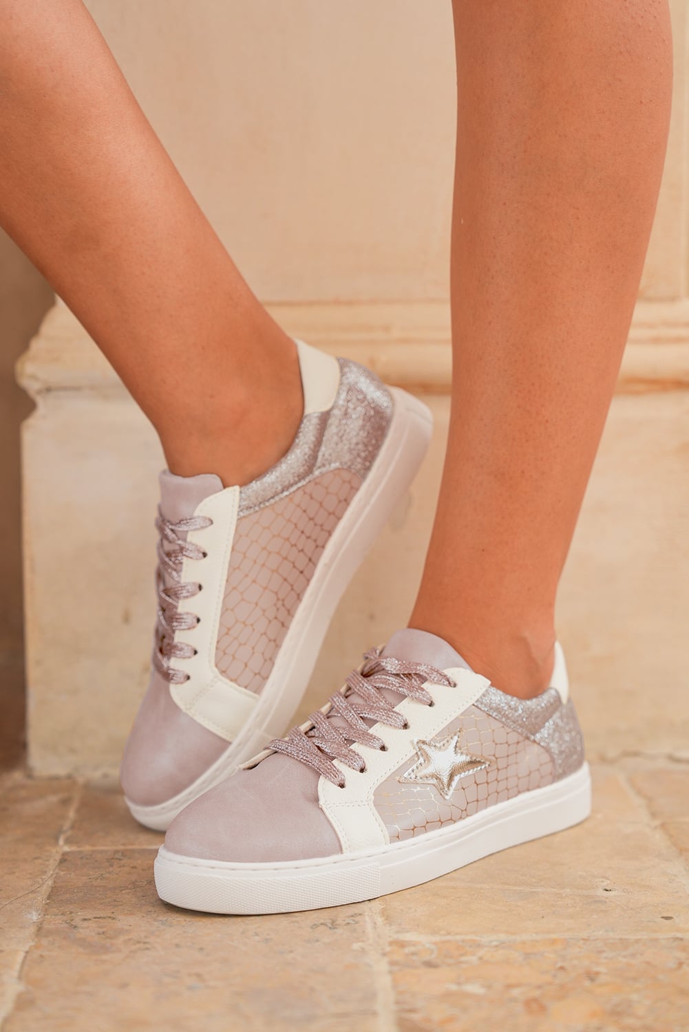 Dearlove Gold Glitter Star Patchwork PU Leather Lace-up Sneakers
