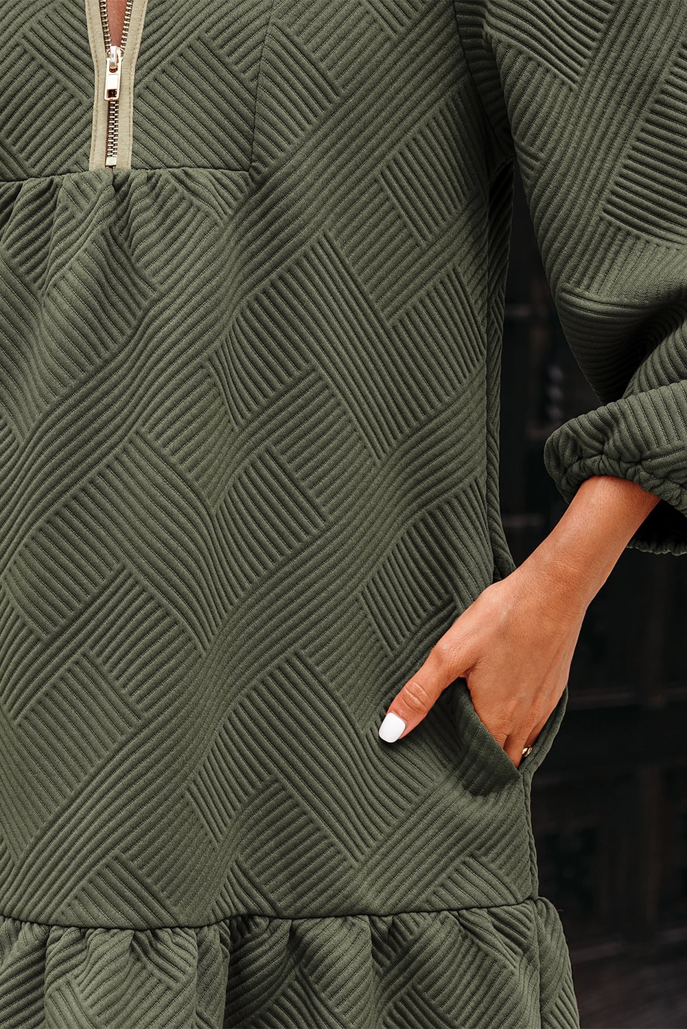 Dearlove Jungle Green  Quarter Zip Collar Bracelet Sleeve Textured Mini Dress