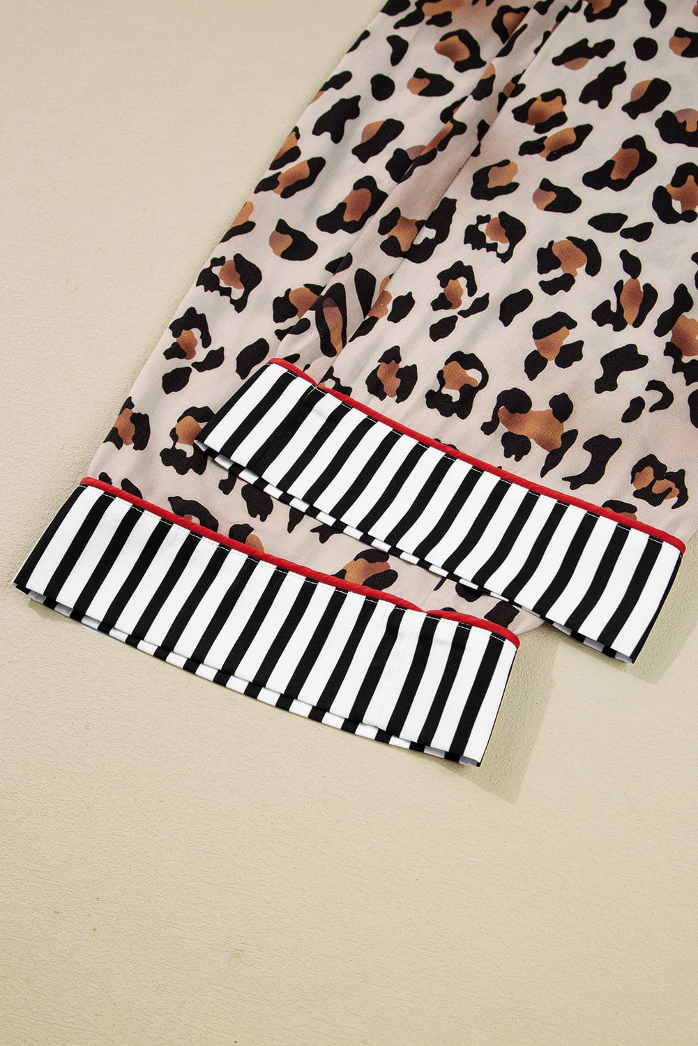 Dearlove Khaki Leopard Print Colorblock Striped Edge Shirt and Pants Pajama Set