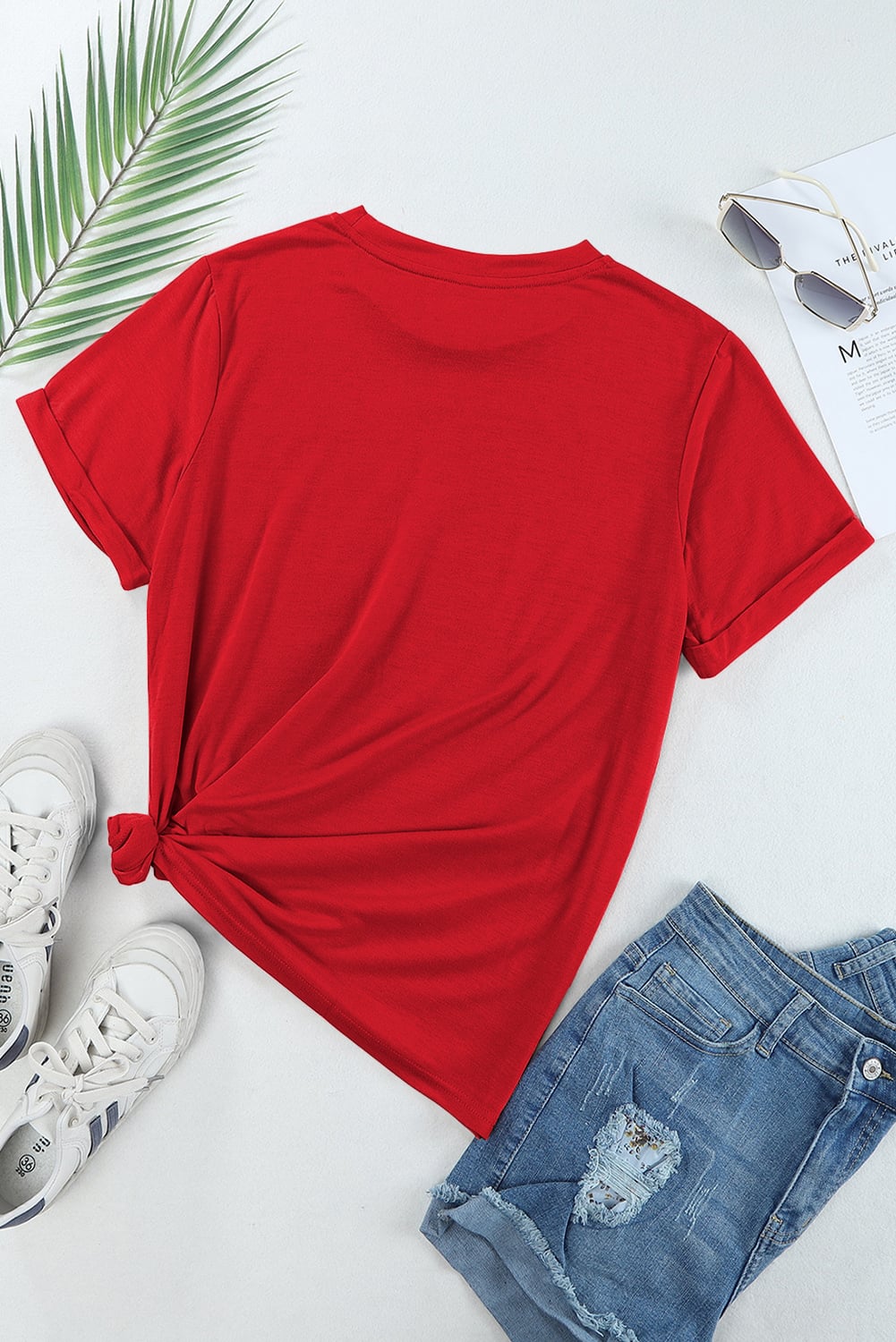 Dearlove Red Casual Plain Crew Neck Tee