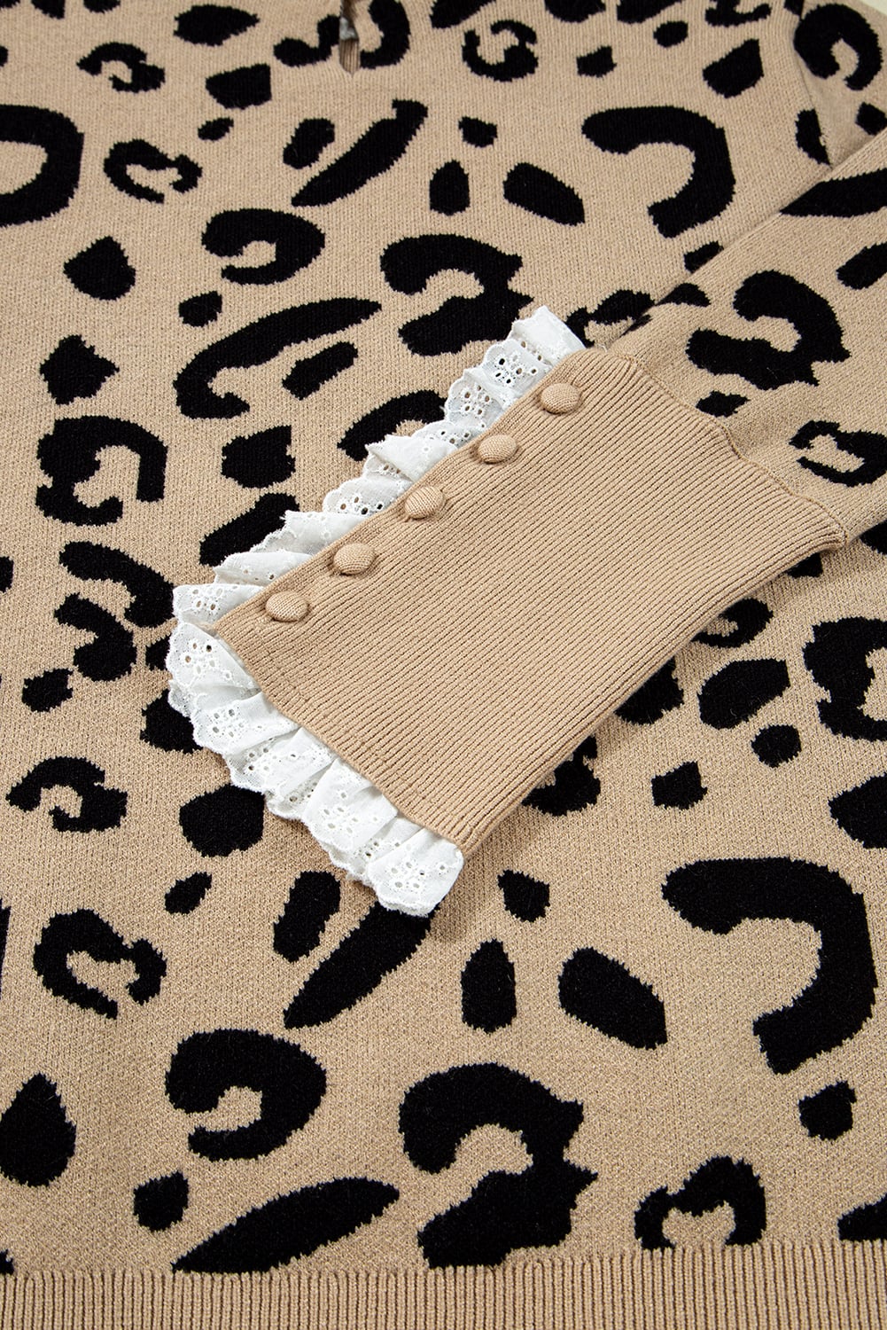 Dearlovers Brown Leopard Pattern Lace Ribbed Detail Button Cuffed Sweater