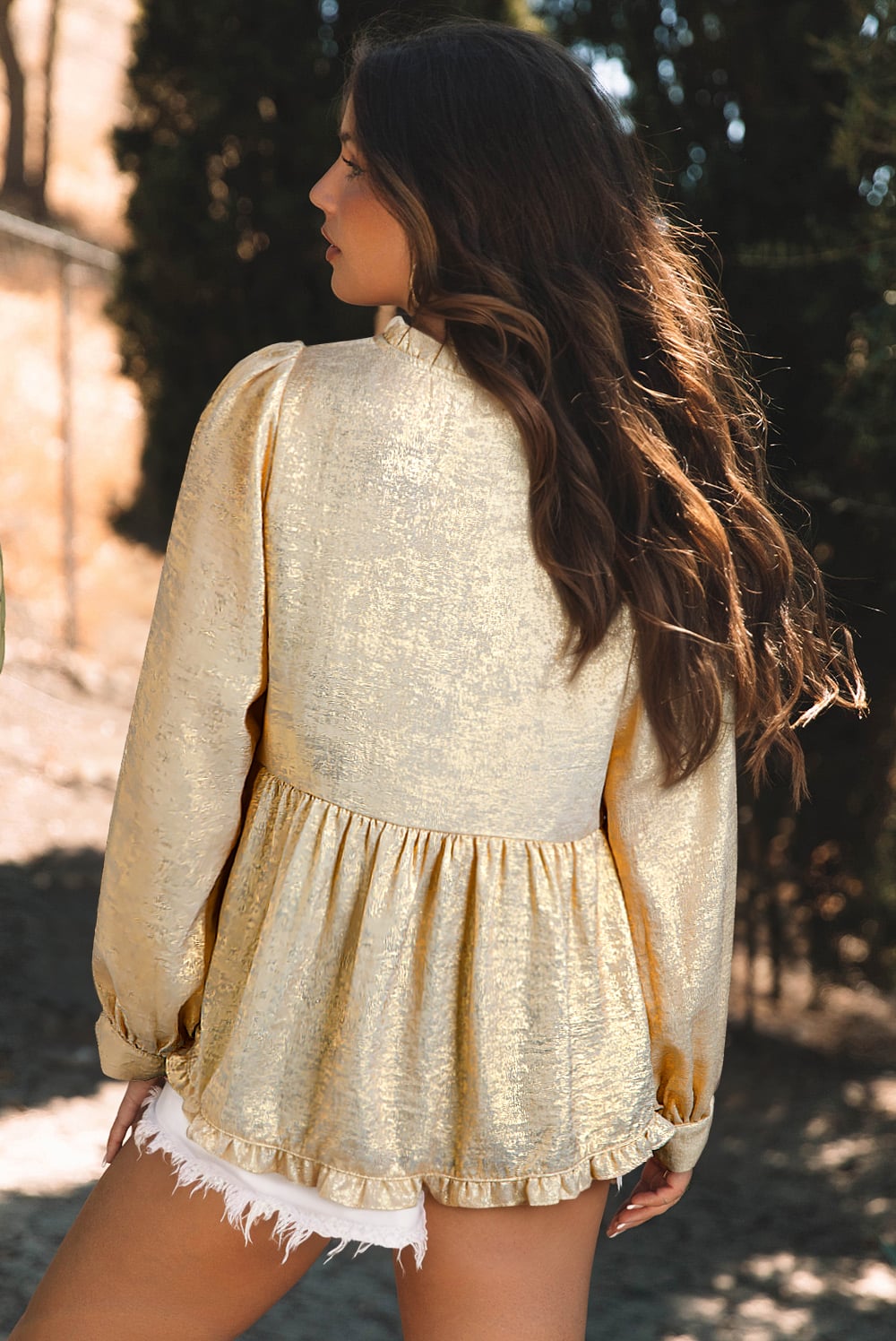 Dearlovers Gold Metallic Frilled V Neck Puff Sleeve Babydoll Blouse