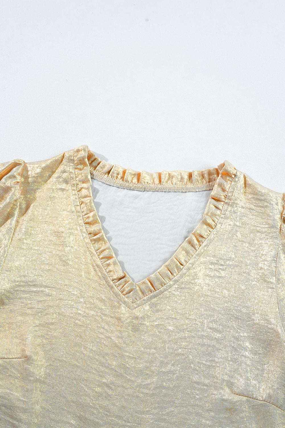 Dearlovers Gold Metallic Frilled V Neck Puff Sleeve Babydoll Blouse
