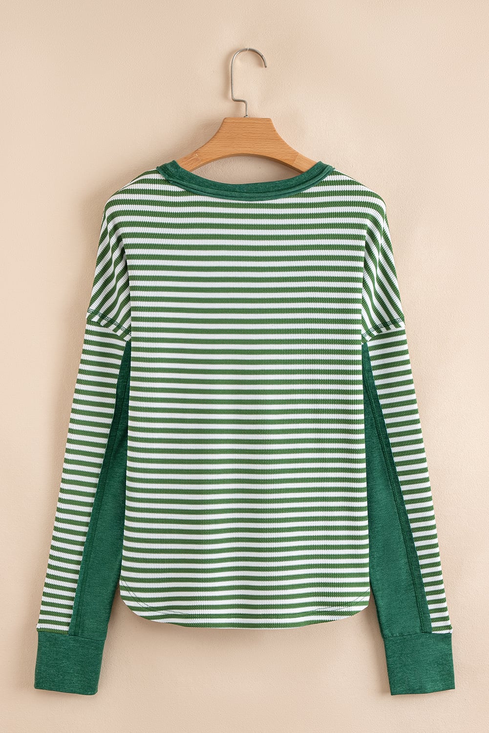 Dearlovers Green Stripe Thermal Knit Drop Shoulder Casual Top