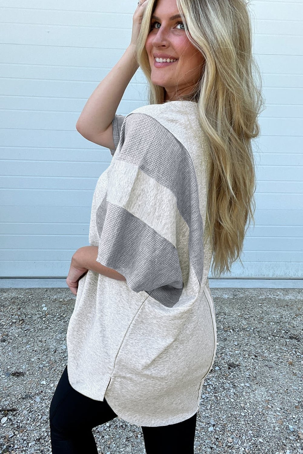 Dearlovers Light Grey Two Tone Contrast Waffle Knit Patched Buttoned V Neck Top