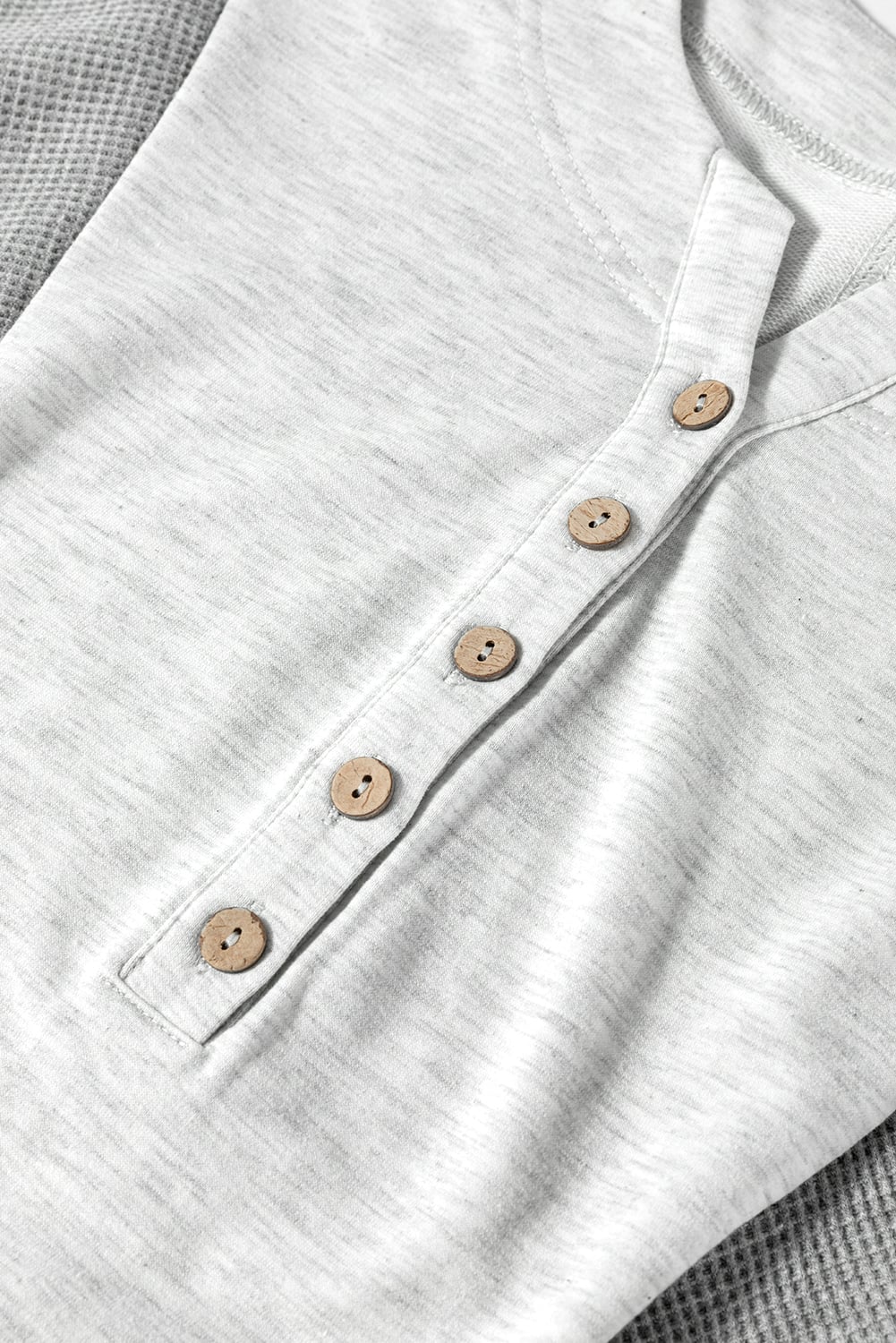 Dearlovers Light Grey Two Tone Contrast Waffle Knit Patched Buttoned V Neck Top