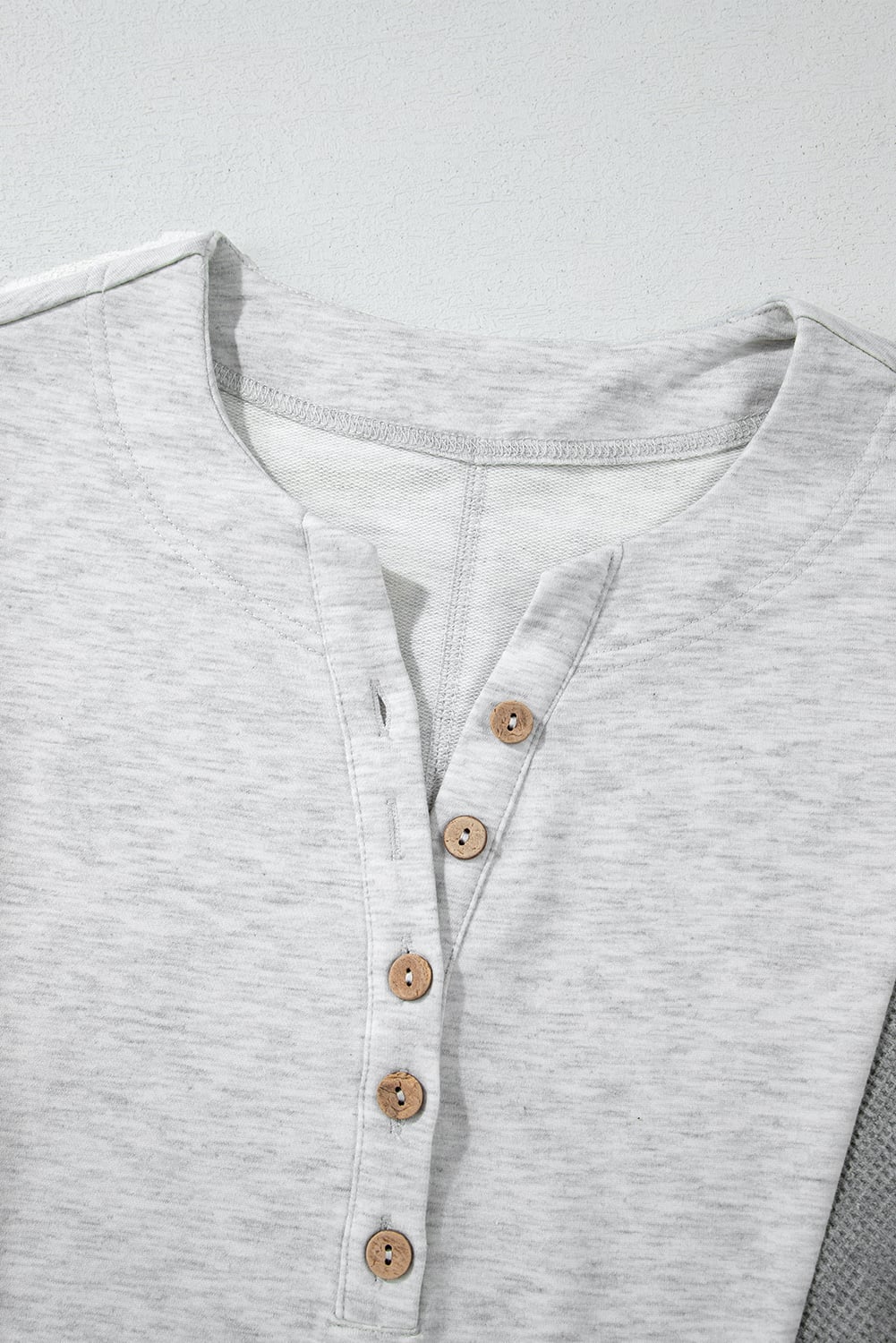 Dearlovers Light Grey Two Tone Contrast Waffle Knit Patched Buttoned V Neck Top
