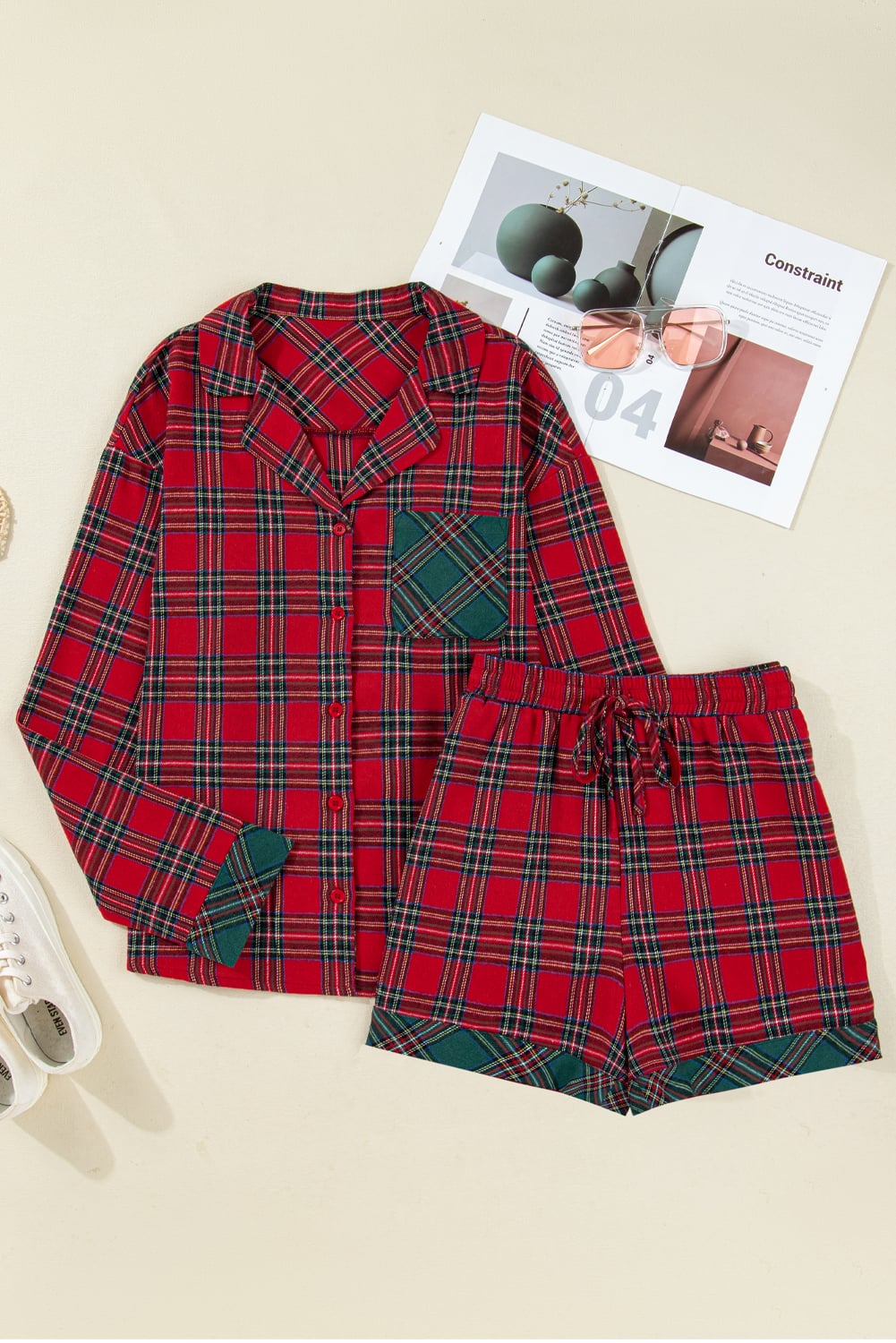 Dearlovers Red Plaid Contrast Patched Christmas Holiday Long Sleeve Shirt and Short 2pcs Pajama Set