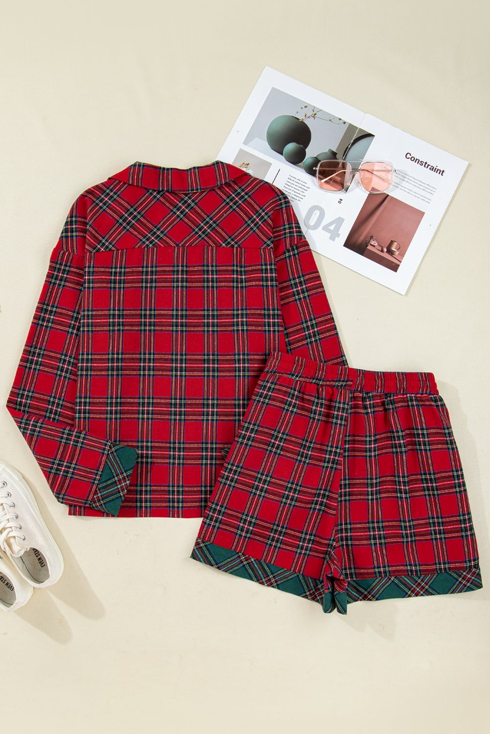 Dearlovers Red Plaid Contrast Patched Christmas Holiday Long Sleeve Shirt and Short 2pcs Pajama Set