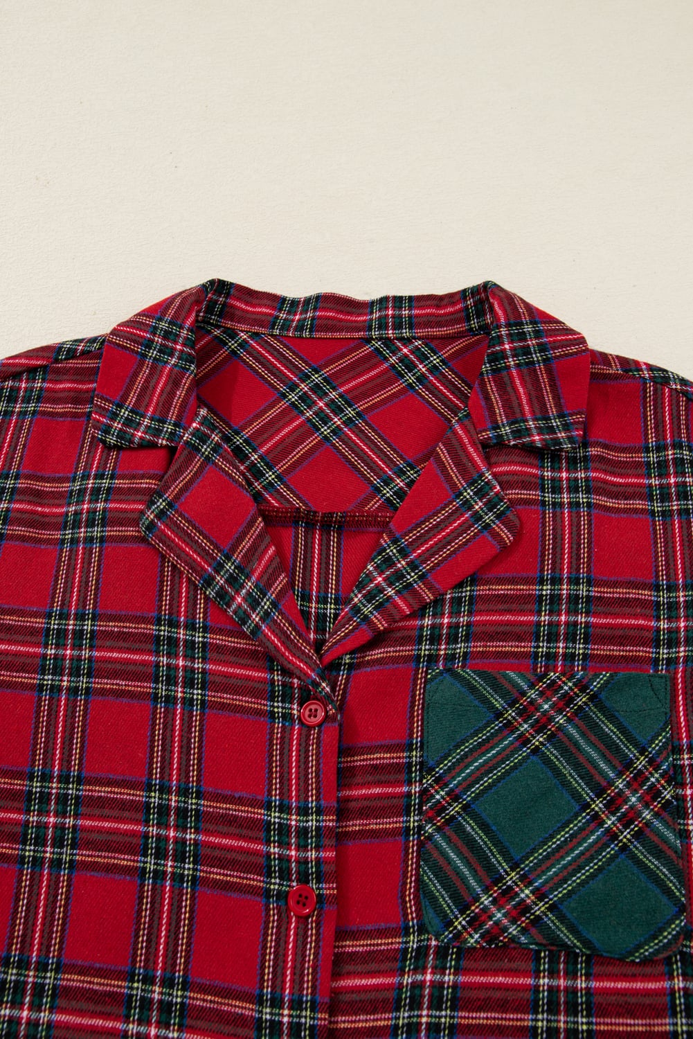 Dearlovers Red Plaid Contrast Patched Christmas Holiday Long Sleeve Shirt and Short 2pcs Pajama Set
