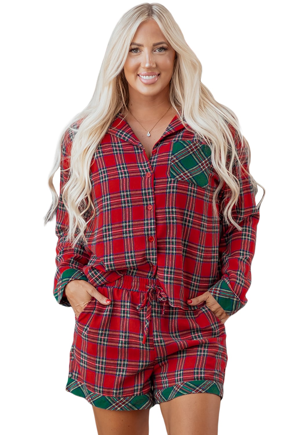 Dearlovers Red Plaid Contrast Patched Christmas Holiday Long Sleeve Shirt and Short 2pcs Pajama Set