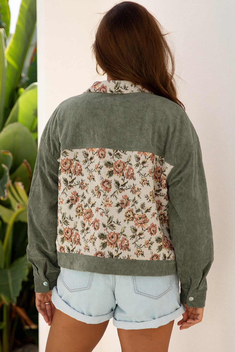 Dearlovers Sage Green Ribbed Retro Floral Patchwork Shirt Style Jacket